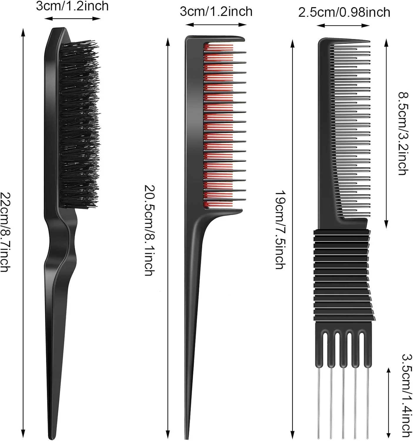 مجموعه شانه پوش دهنده مو Patelai شامل 3 عدد شانه پوش، شانه پوش مشکی کربنی با دندانه فلزی، شانه دم موشی سه پین، برس شانه مو با موهای نایلونی برای خانم ها (مشکی و قرمز)
