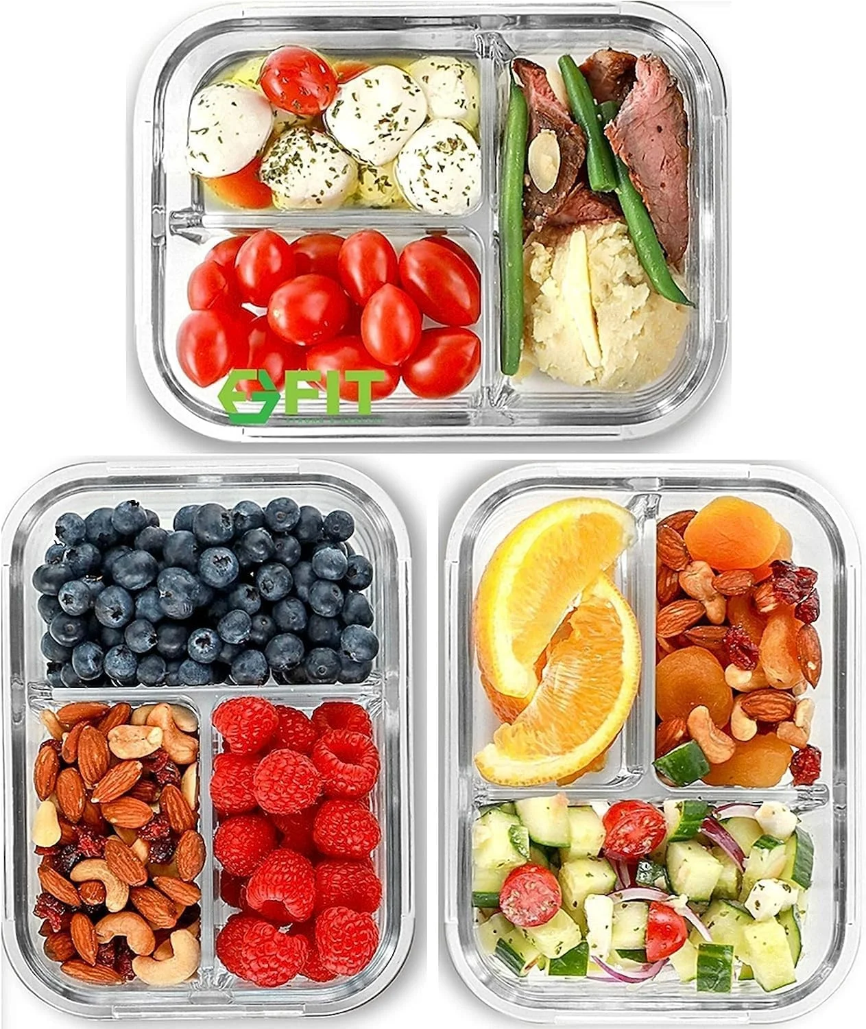 FIT Strong & Healthy 3 Compartment Glass Meal Prep Containers [5 Pack, 32 Oz] - Glass Lunch Containers, Food Storage Containers with Lids (32 Ounces (3 Pack), Clear Lids)