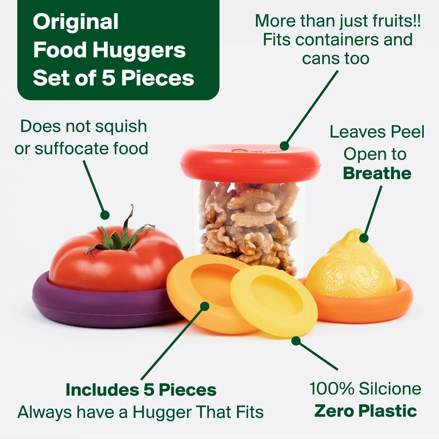 نگهدارنده های سیلیکونی مواد غذایی Food Huggers، بسته 5 عددی | بدون BPA و قابل شستشو در ماشین ظرفشویی | مناسب برای نگهداری میوه و سبزیجات مانند پیاز، گوجه فرنگی، لیمو، موز، کنسرو و غیره | گرد، رنگ پاییزی