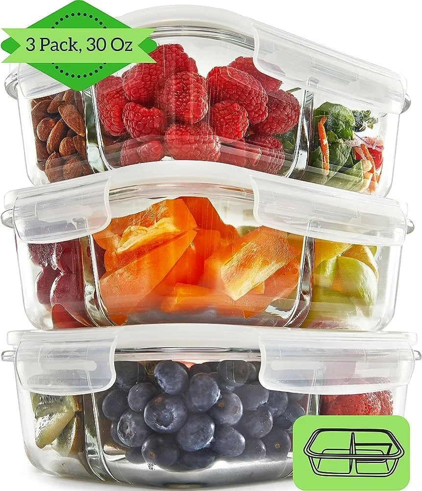 FIT Strong & Healthy 3 Compartment Glass Meal Prep Containers [5 Pack, 32 Oz] - Glass Lunch Containers, Food Storage Containers with Lids (32 Ounces (3 Pack), Clear Lids)