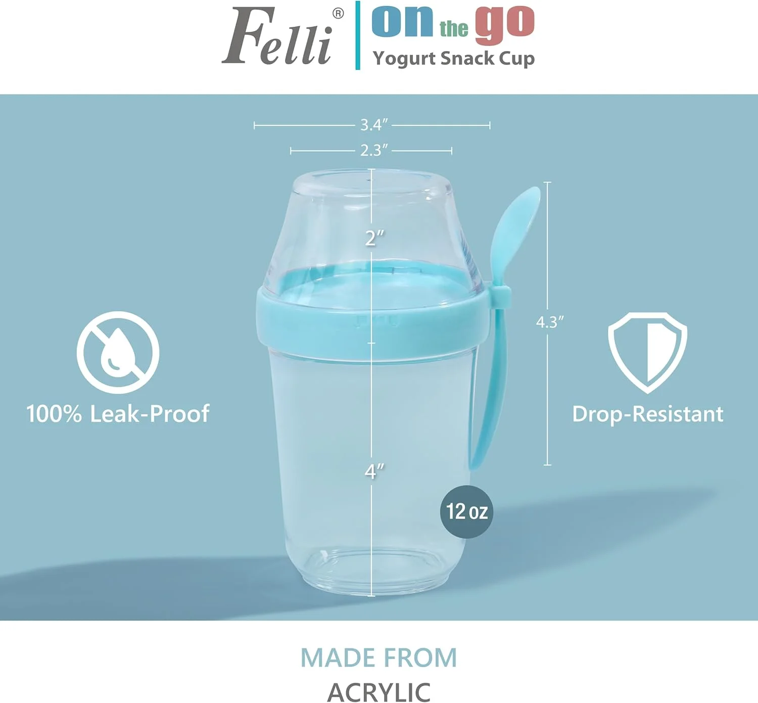 لیوان ماست و پارفیت قابل حمل Felli، 350 میلی لیتر، ضد نشت و قابل استفاده مجدد + قاشق مسافرتی، دارای محفظه جداگانه برای میوه، غلات و شیر، ظرف غذای آماده برای کنترل میزان وعده های غذایی سالم، مناسب برای اوت‌میل، شفاف (2 عدد، آبی)