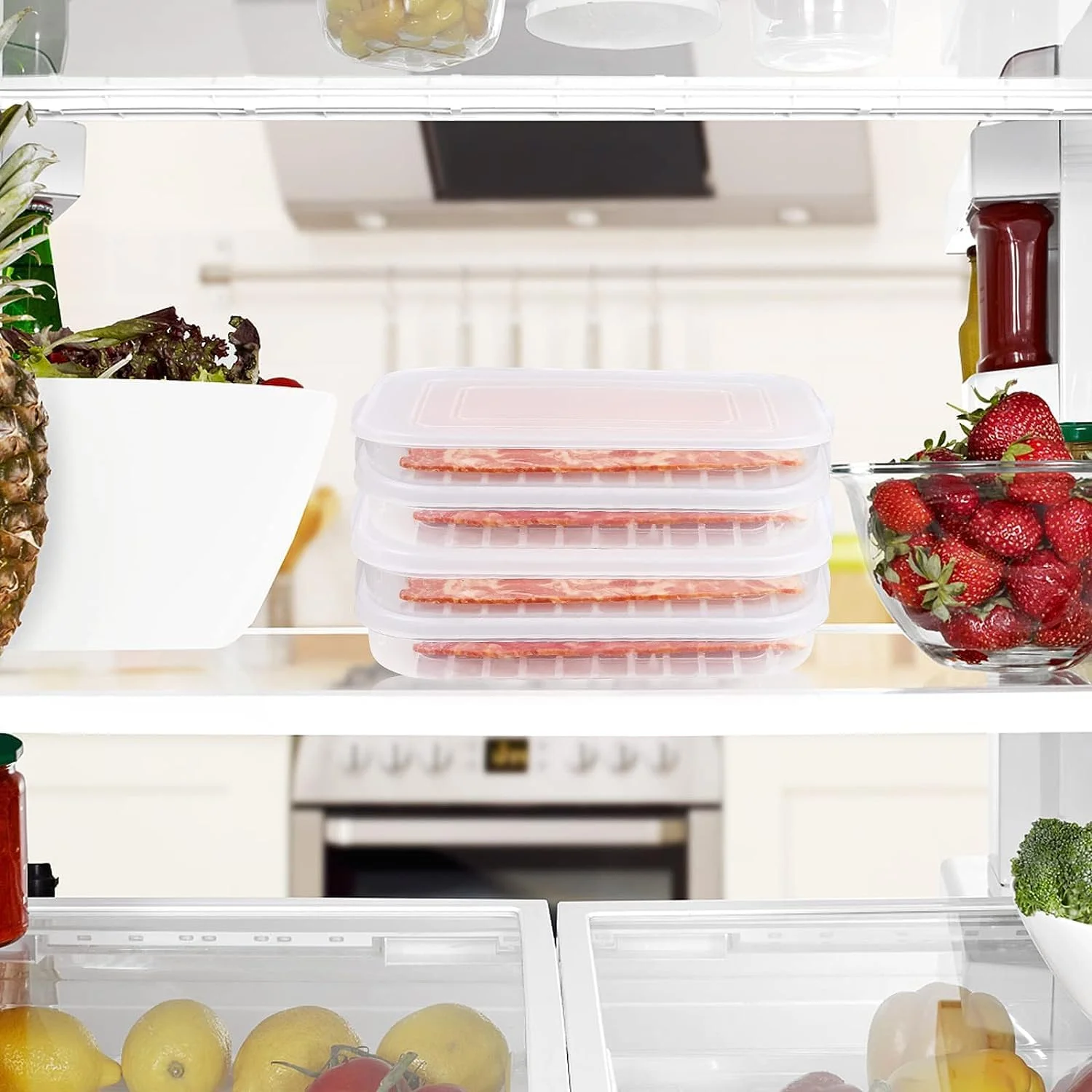 ظرف نگهداری بیکن Fohome، بسته 4 عددی، ظرف نگهداری گوشت سرد برای یخچال، ظروف نگهداری مواد غذایی قابل حمل و انباشته برای فریزر با درب برای ماهی و غذاهای دریایی
