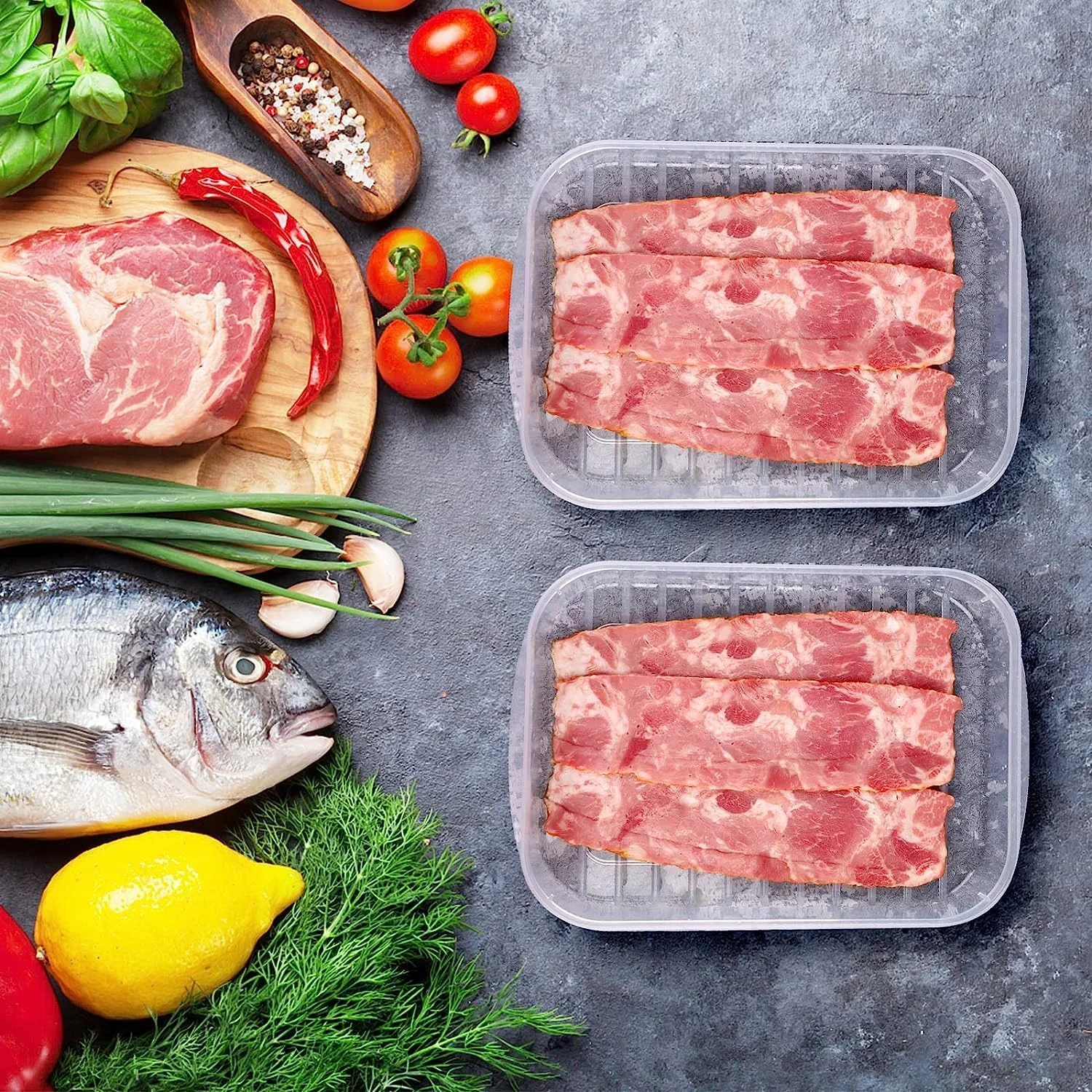 ظرف نگهداری بیکن Fohome، بسته 4 عددی، ظرف نگهداری گوشت سرد برای یخچال، ظروف نگهداری مواد غذایی قابل حمل و انباشته برای فریزر با درب برای ماهی و غذاهای دریایی