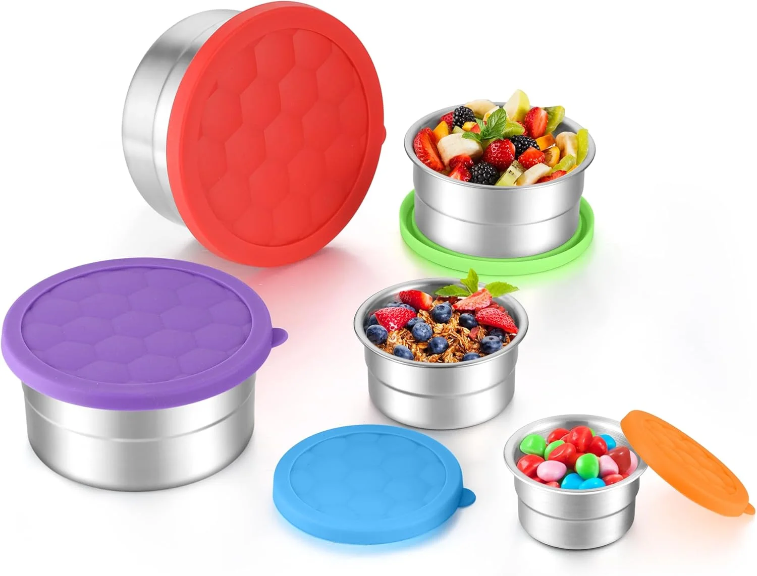 ظروف غذای استیل ضد زنگ E-far با درب، ست 5 عددی، ظروف گرد اسنک برای کودکان، خردسالان و بزرگسالان، جعبه فلزی نگهداری غذا برای ناهار مدرسه، ضد نشت (85، 170، 365، 575، 862 میلی لیتر)