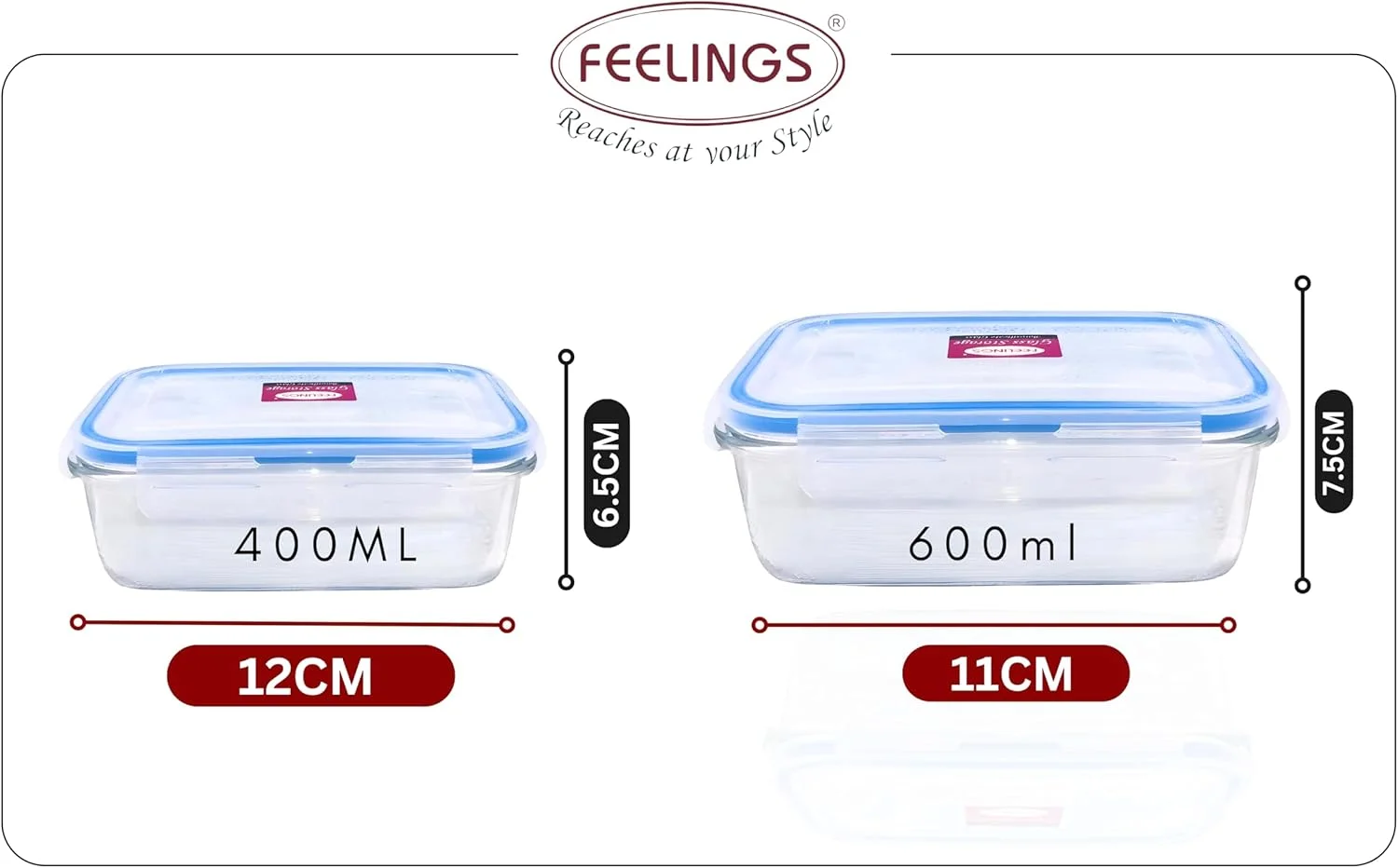 ظروف شیشه ای ذخیره سازی دو تکه FEELINGS – 400ML و 600ML، ظروف آماده سازی غذا با درب های آبی ضد نشت | ظروف شیشه ای نگهداری مواد غذایی دربسته برای سازماندهی آشپزخانه و ناهار | ایمن برای مایکروویو و فریزر