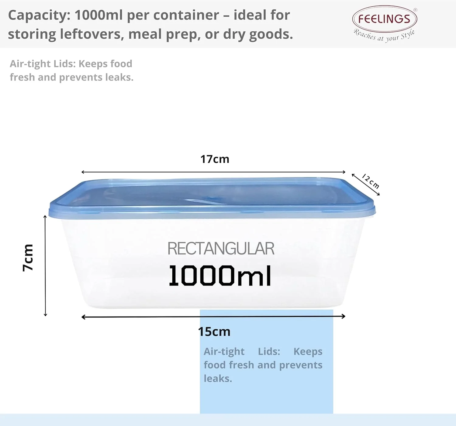 ظروف پلاستیکی غذا با درب FEELINGS، ست 5 عددی، 1000 میلی لیتر، بدون BPA، ضد هوا، قابل استفاده در فریزر/مایکروویو/ماشین ظرفشویی، صرفه جویی در فضا