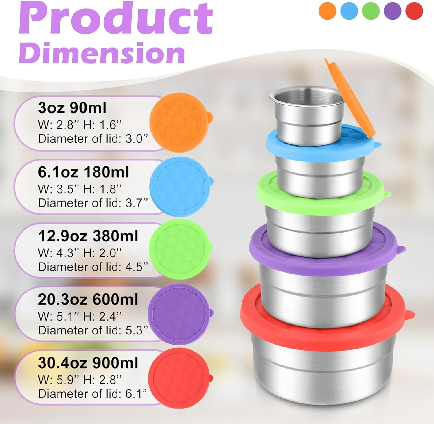 ظروف غذای استیل ضد زنگ E-far با درب، ست 5 عددی، ظروف گرد اسنک برای کودکان، خردسالان و بزرگسالان، جعبه فلزی نگهداری غذا برای ناهار مدرسه، ضد نشت (85، 170، 365، 575، 862 میلی لیتر)