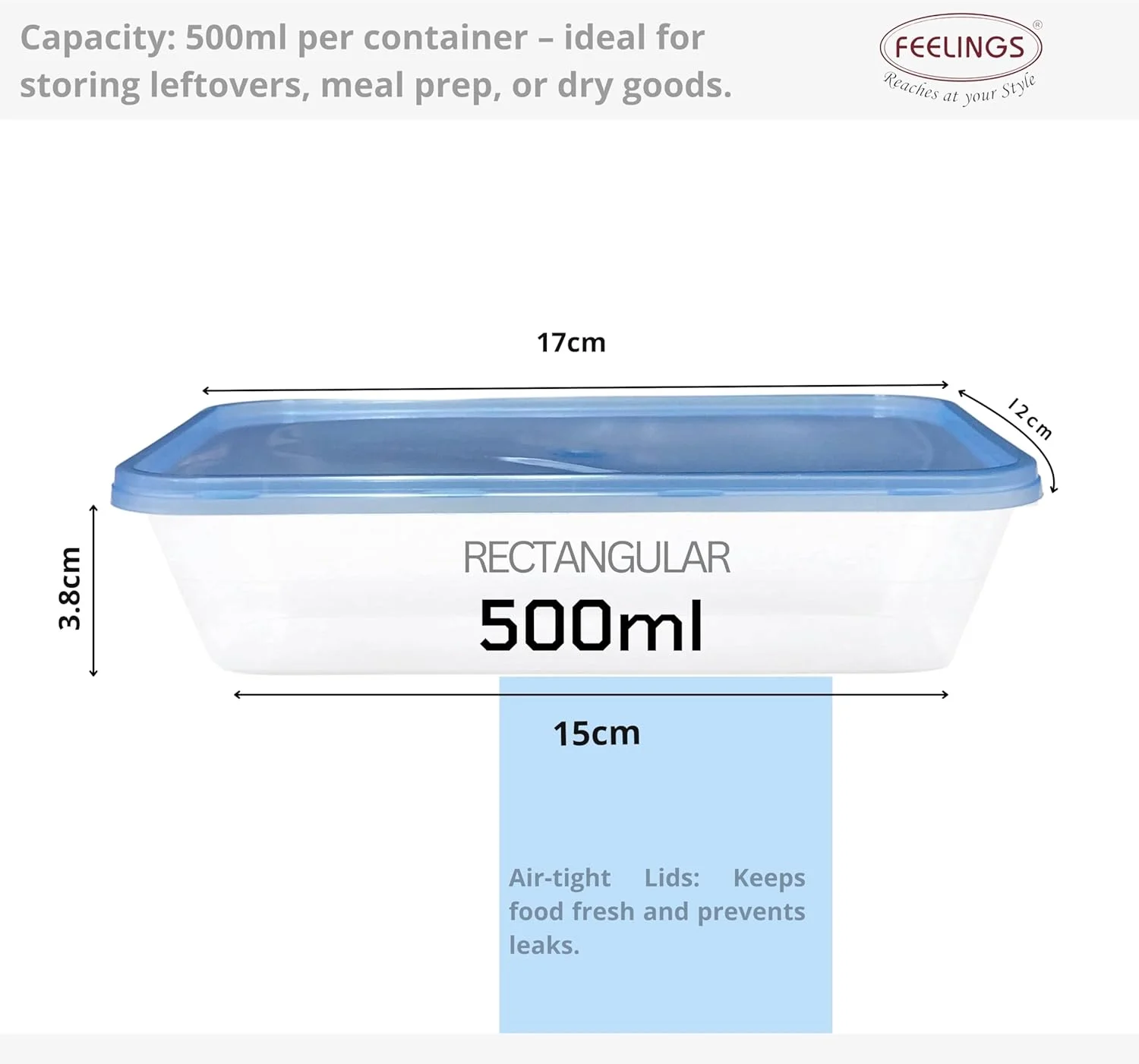 ست ظروف نگهدارنده غذای پلاستیکی 7 تکه FEELINGS – جعبه های مستطیلی 500 میلی لیتری با درب | فاقد BPA، ضد هوا و ضد نشت | قابل استفاده در مایکروویو، فریزر و ماشین ظرفشویی