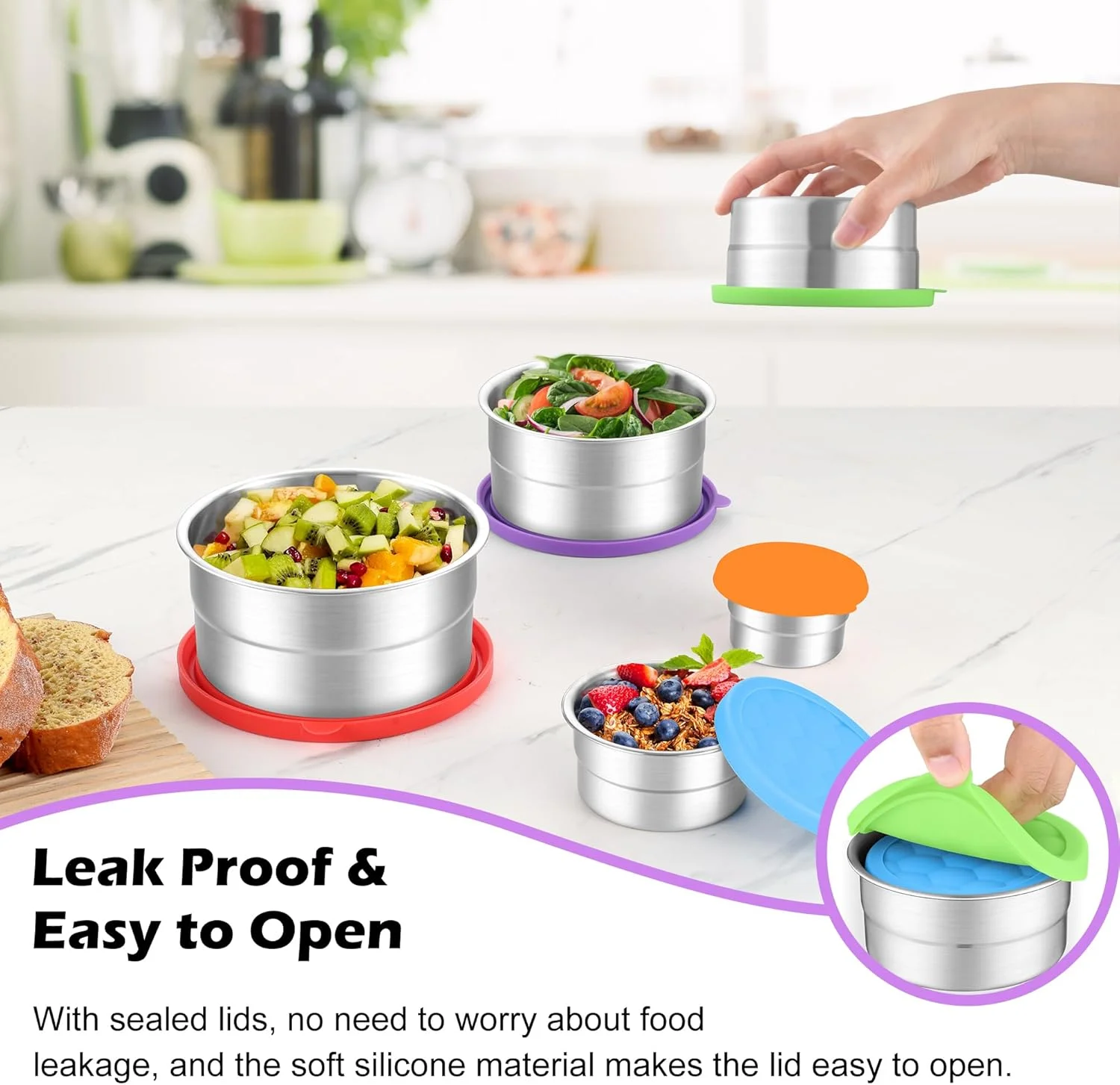 ظروف غذای استیل ضد زنگ E-far با درب، ست 5 عددی، ظروف گرد اسنک برای کودکان، خردسالان و بزرگسالان، جعبه فلزی نگهداری غذا برای ناهار مدرسه، ضد نشت (85، 170، 365، 575، 862 میلی لیتر)