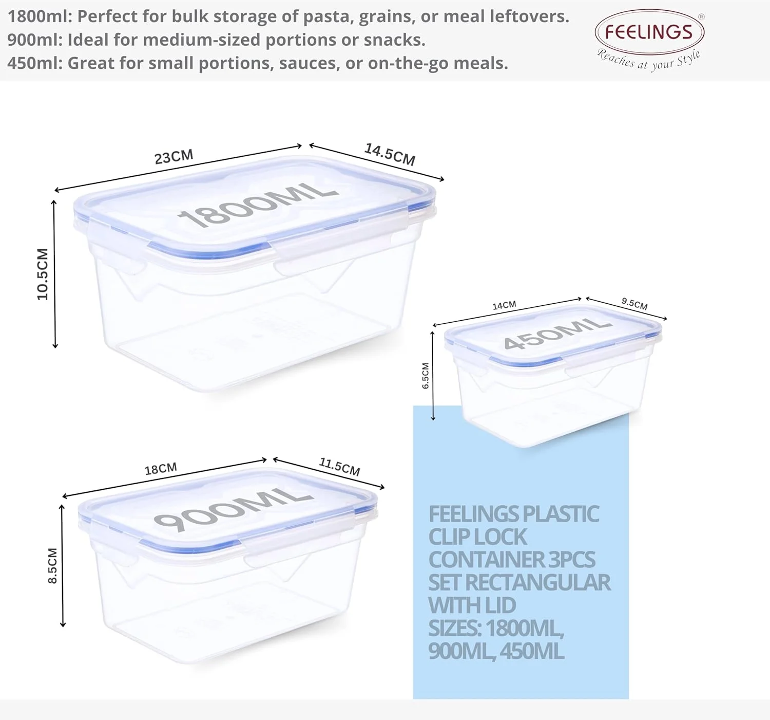 ظروف نگهدارنده غذا با قفل پلاستیکی FEELINGS، ست 3 تکه، درب های هواگیر، بدون BPA، قابل استفاده در مایکروویو، فریزر و ماشین ظرفشویی، قابل چیدن