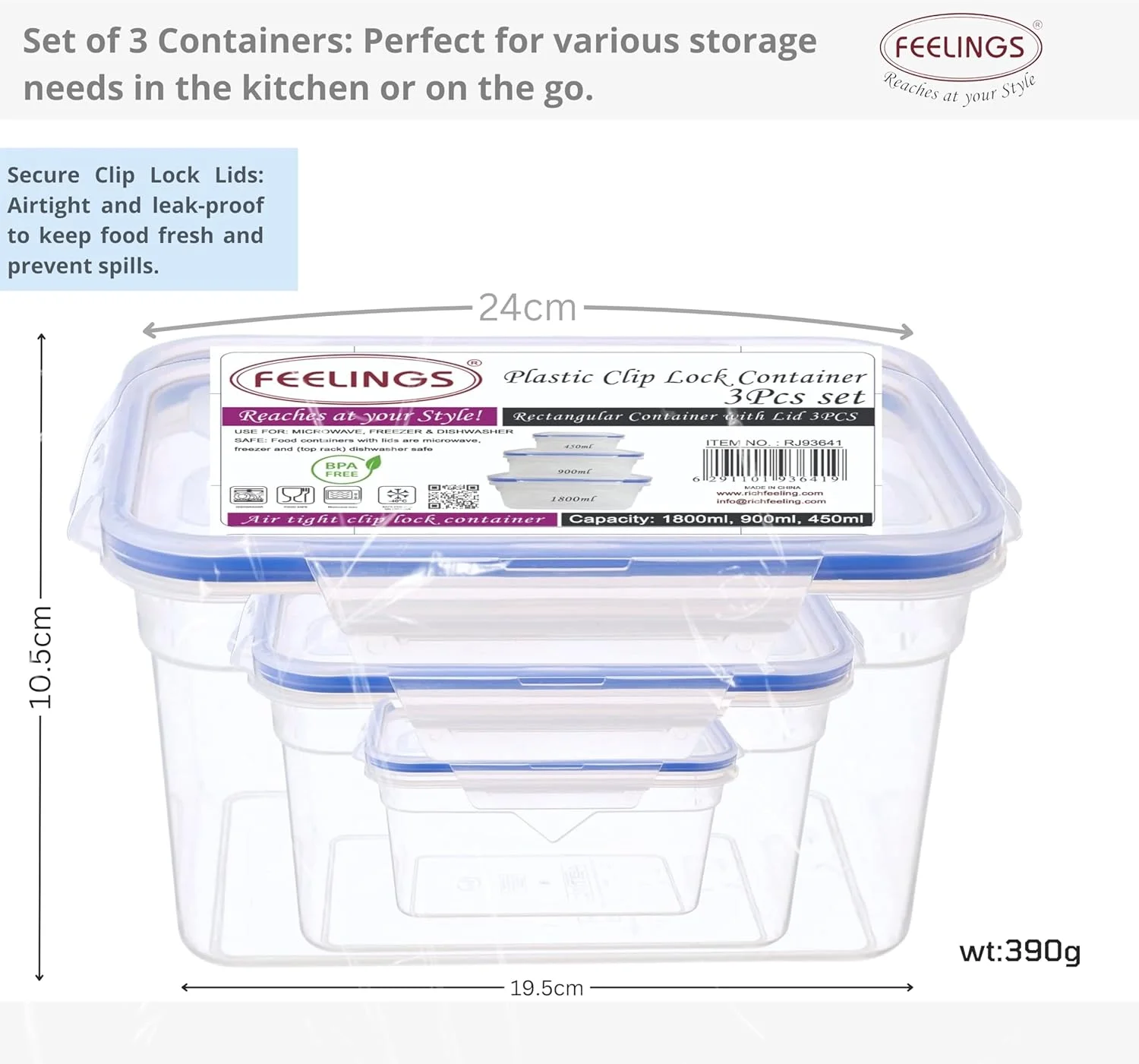 ظروف نگهدارنده غذا با قفل پلاستیکی FEELINGS، ست 3 تکه، درب های هواگیر، بدون BPA، قابل استفاده در مایکروویو، فریزر و ماشین ظرفشویی، قابل چیدن