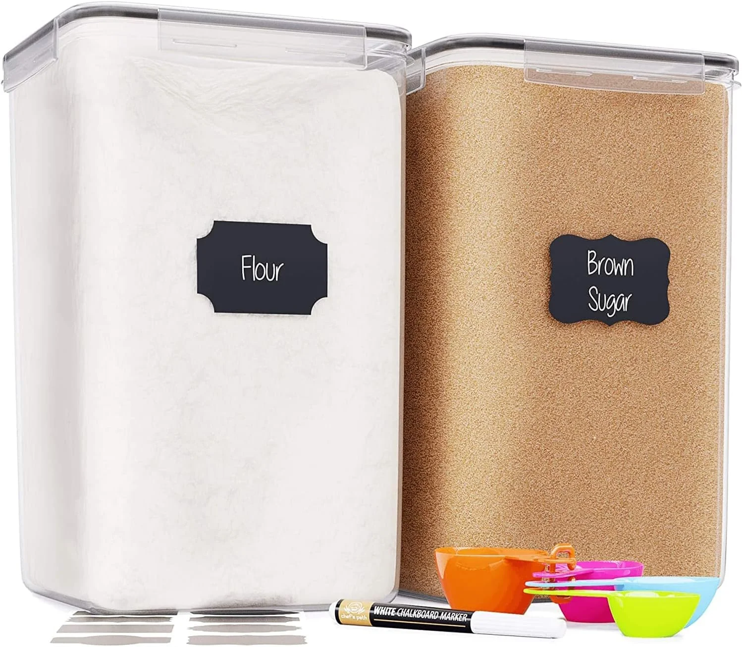 ظروف نگهداری مواد غذایی بسیار بزرگ و بلند 7 کوارت/ 220 اونس/ 6.5 لیتر، برای آرد، شکر - نگهداری مواد غذایی فله ای آشپزخانه و انبار به صورت هوا بند، بدون BPA - ست 2 عددی - پیمانه های اندازه گیری، قلم و 8 برچسب - Chefââ‚¬â„¢s Path