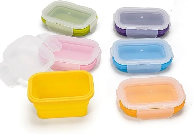 ظروف نگهداری غذای تاشو Euskolete بسته 6 عددی با درب، ظروف نگهداری غذای کودک، ظروف کوچک سیلیکونی اسنک، ضد نشت و هوا، قابل استفاده در فریزر و ماشین ظرفشویی، پلاستیک ضخیم با گرید غذایی
