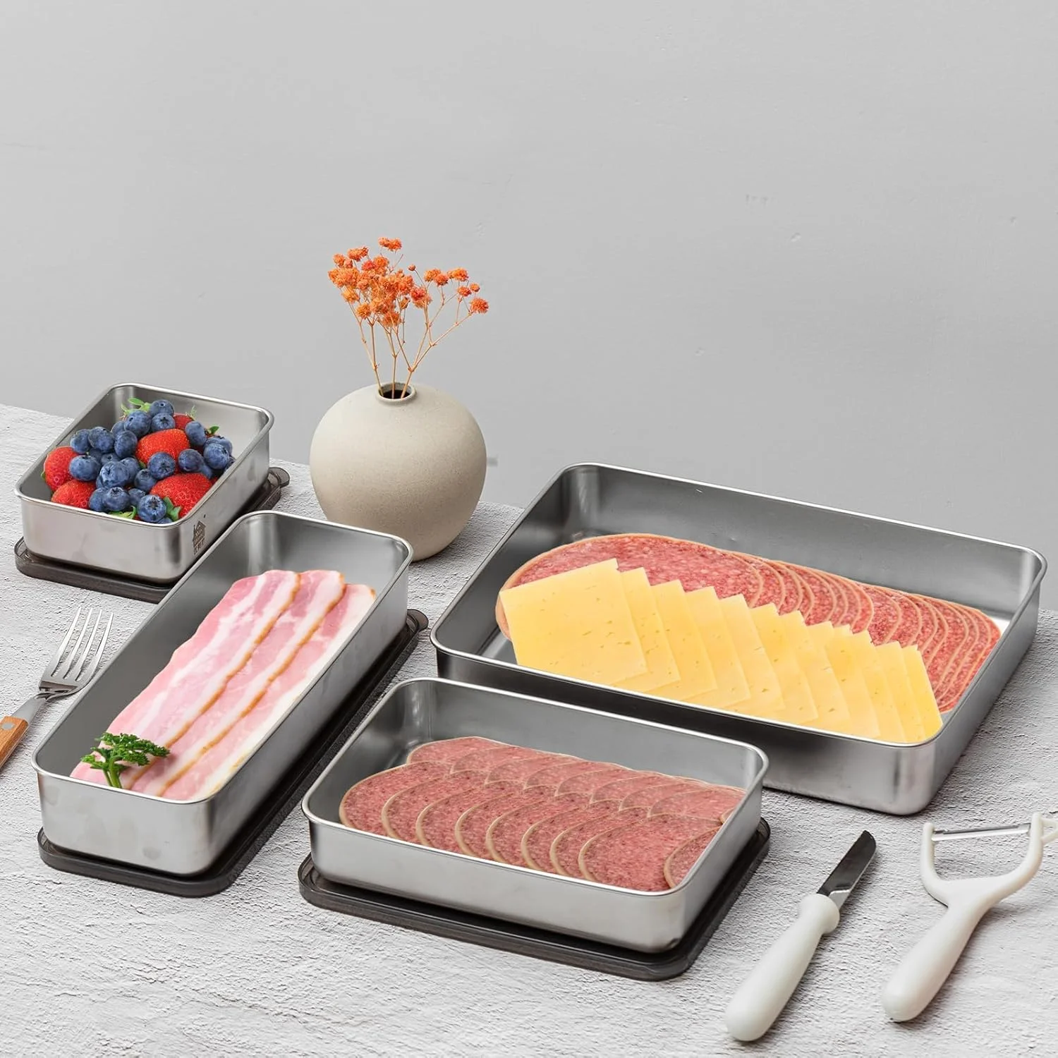 ظرف پنیر استیل ضد زنگ اکسفور، 6 عددی، ظروف نگهداری گوشت و بیکن، قابل شستشو در ماشین ظرفشویی، سینی میوه درب دار برای یخچال