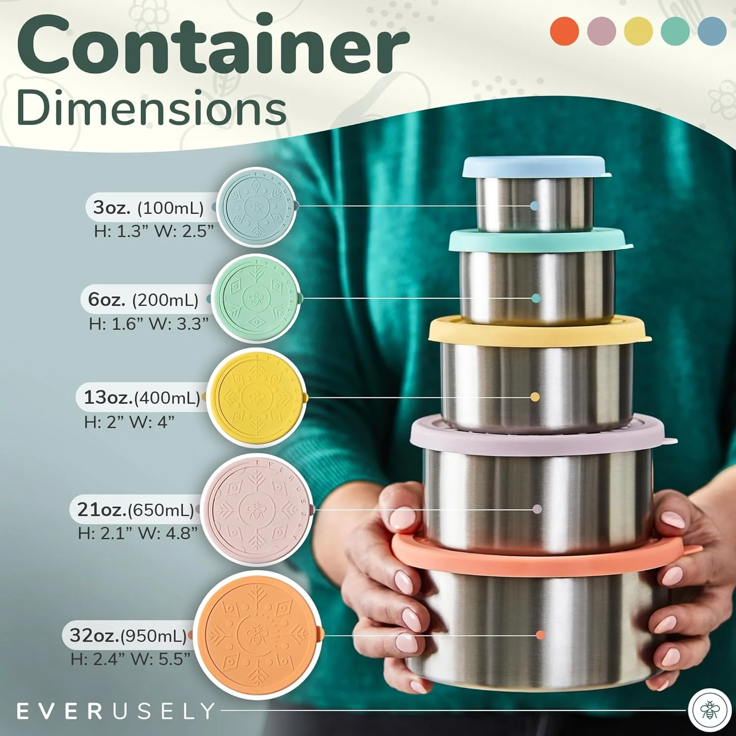 ظروف استیل ضد زنگ Everusely با درب، ظروف ناهار استیل ضد زنگ ضد نشت، ظروف غذای استیل ضد زنگ قابل چیدن با درب، ظروف غذای فلزی با درب، ظروف اسنک