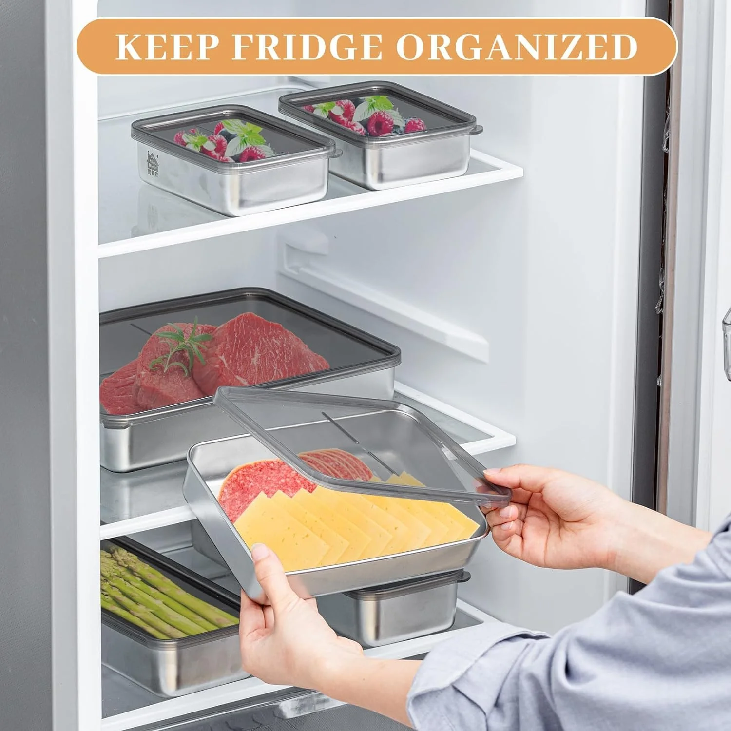 ظرف پنیر استیل ضد زنگ اکسفور، 6 عددی، ظروف نگهداری گوشت و بیکن، قابل شستشو در ماشین ظرفشویی، سینی میوه درب دار برای یخچال