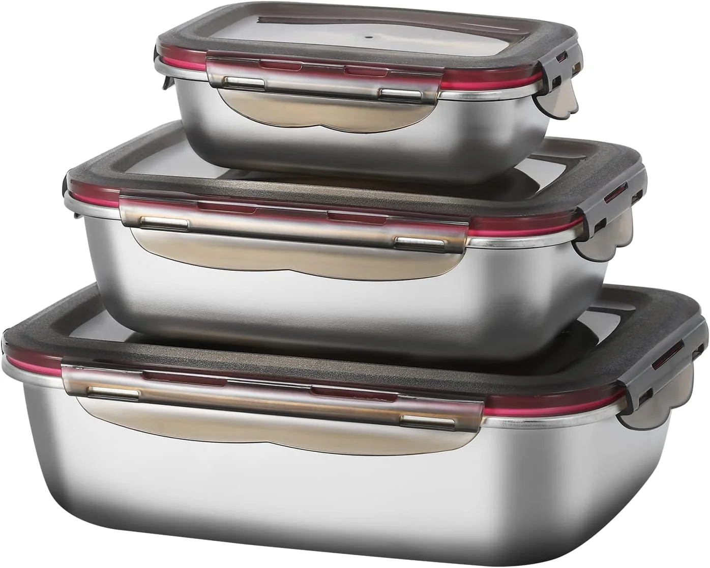 مجموعه 3 عددی ظروف نگهداری غذا FAB4HOME ضد نشت، استیل ضد زنگ، مناسب آماده سازی غذا، دارای درب، مناسب فریزر، فر و ماشین ظرفشویی، 600 میلی لیتر/ 1500 میلی لیتر/ 2900 میلی لیتر، قابل چیدن