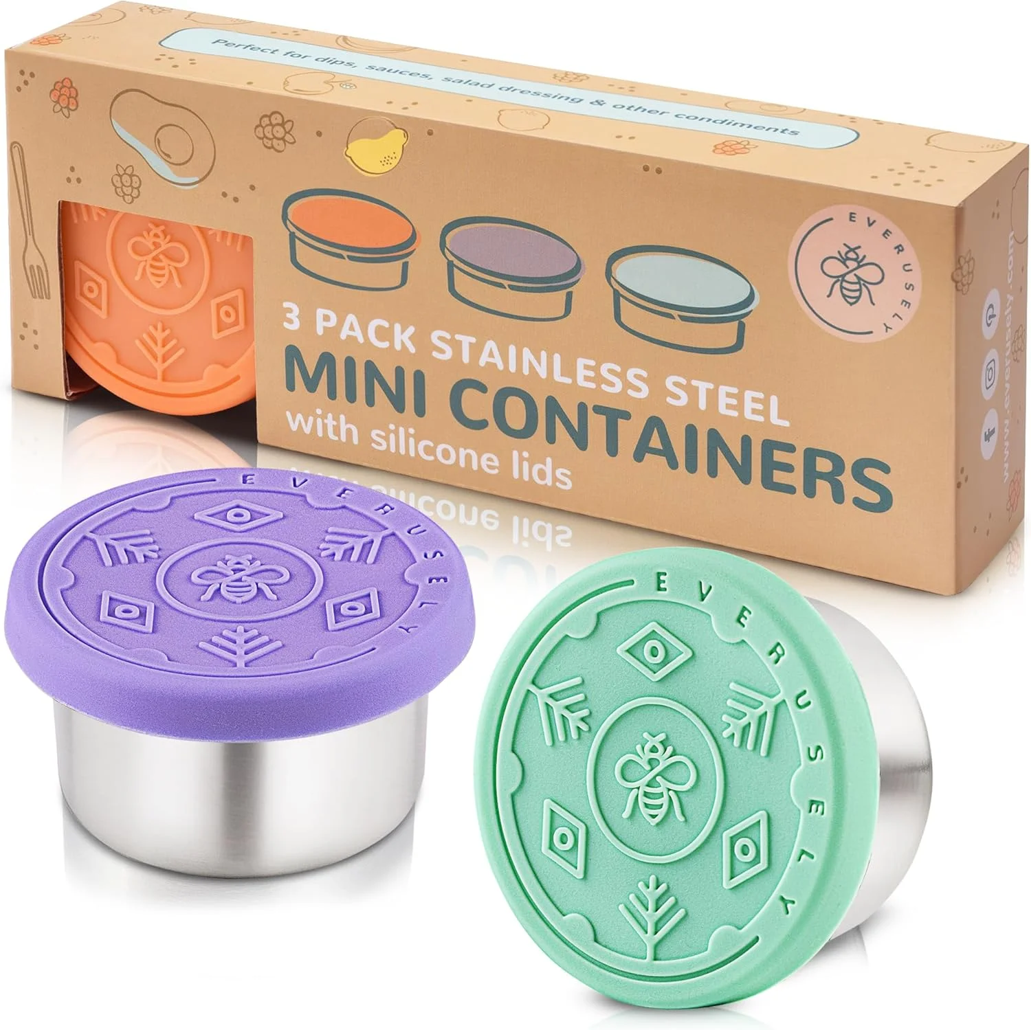 ظرف سس استیل Everusely، بسته 3 عددی، ضد نشت، مناسب برای سس سالاد، ظرف چاشنی کوچک با درب، ظرف سس برای جعبه غذا، فنجان سس با درب، ظرف دیپ