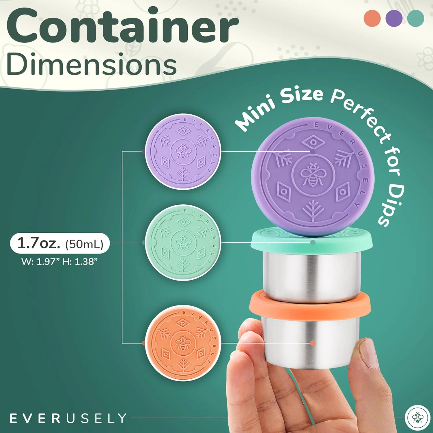 ظرف سس استیل Everusely، بسته 3 عددی، ضد نشت، مناسب برای سس سالاد، ظرف چاشنی کوچک با درب، ظرف سس برای جعبه غذا، فنجان سس با درب، ظرف دیپ