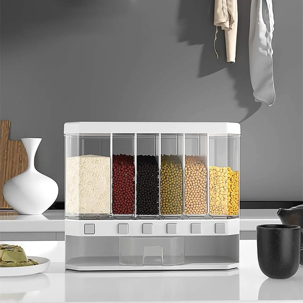 ظرف چندگانه پخش کننده غلات ECVV - ظرف پخش کننده مواد غذایی خشک، ظروف خروجی با یک کلیک، ظرف غلات 6 قسمتی، ظرف نگهداری برنج مناسب آشپزخانه برای برنج، حبوبات و غلات