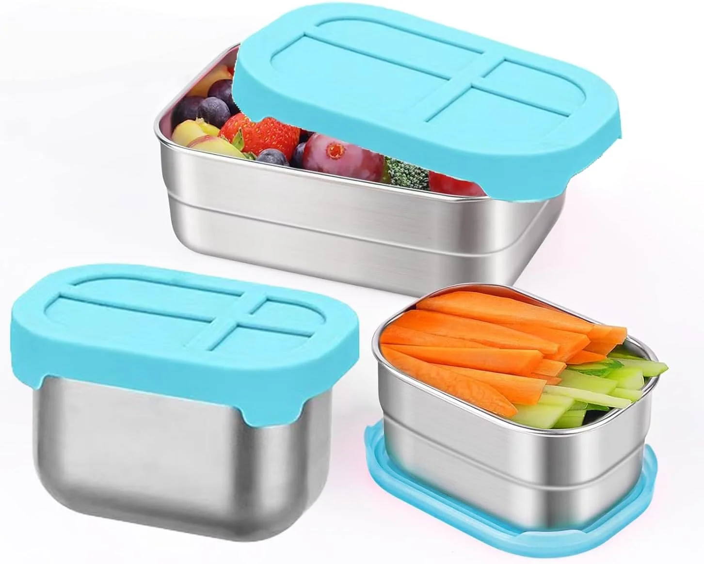 ست ظروف اسنک استیل ضد زنگ CasRmia، جعبه اسنک ضد نشت برای کودکان، ظروف نگهداری مواد غذایی قابل انباشت با درب، جعبه ناهار قابل حمل برای مدرسه، قابل استفاده مجدد، قابل حمل، سه سایز (آبی دریاچه ای)