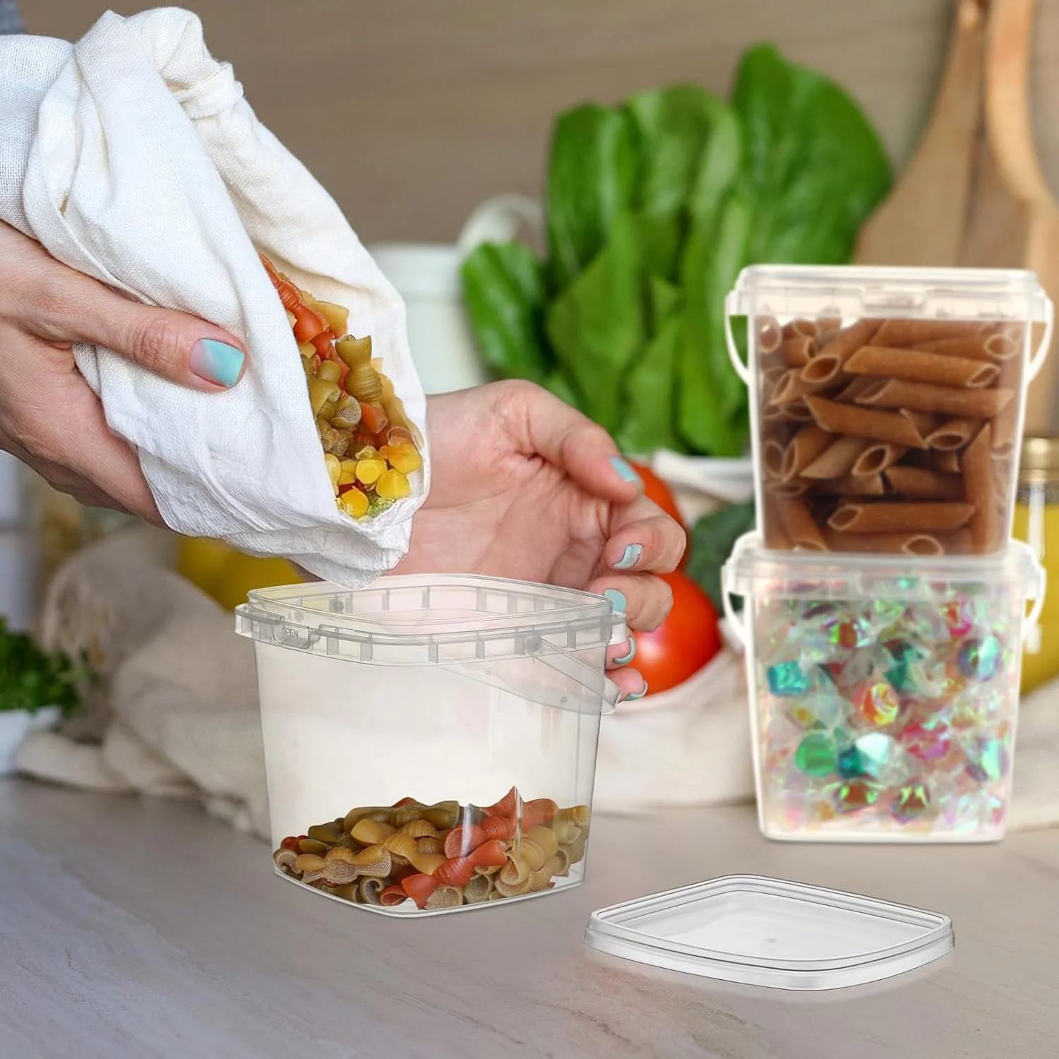 ظروف دلی مربعی دومنسی 24 عددی 0.5 لیتری با درب و دسته، ظروف پلاستیکی شفاف مواد غذایی، سطل های نوشیدنی بستنی قابل استفاده مجدد، مناسب برای فریزر و مایکروویو برای نگهداری مواد غذایی و نوشیدنی در آشپزخانه