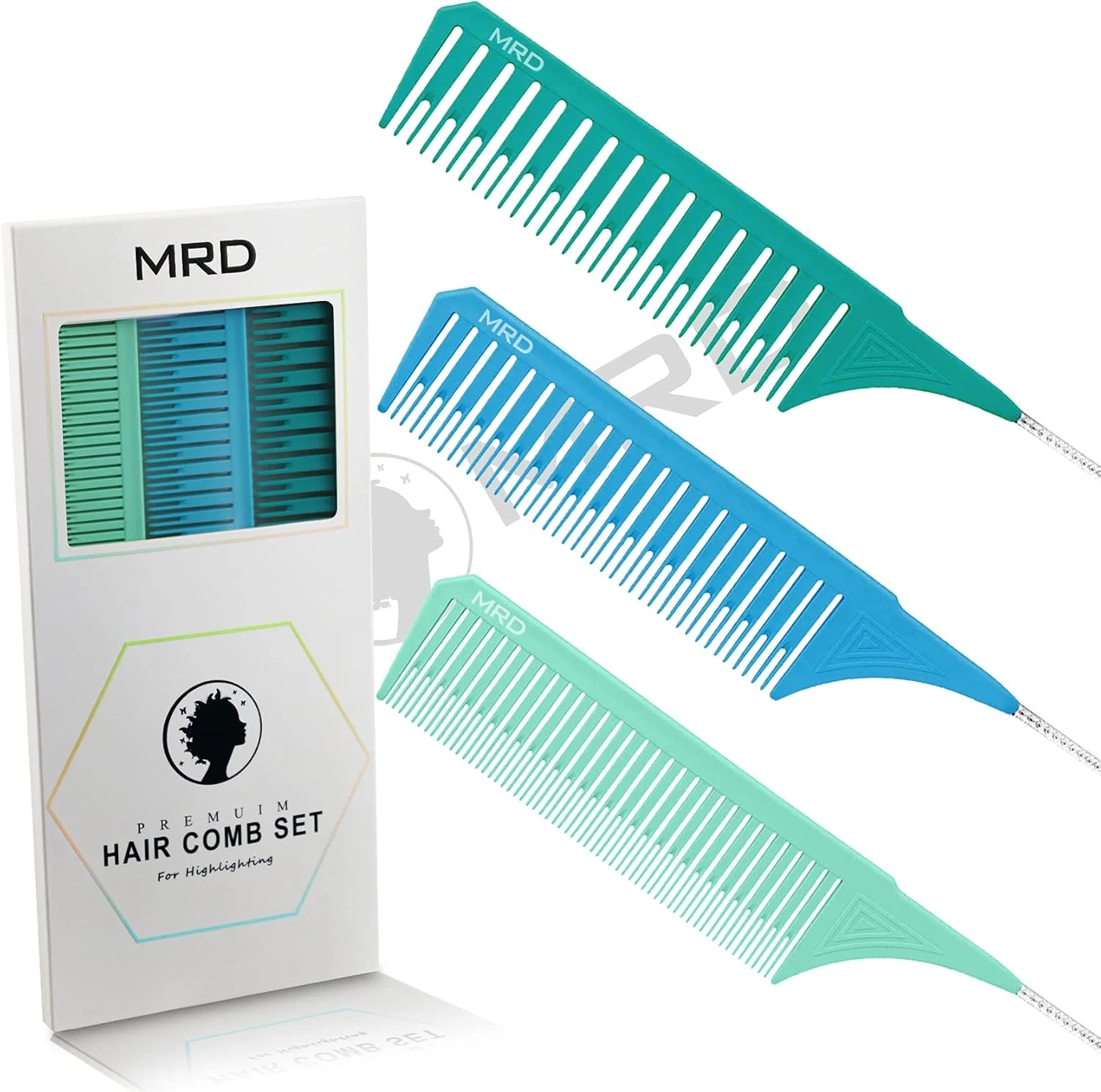 ست شانه هایلایت حرفه ای MRD در 3 سایز، با شانه دم موشی نایلونی مقاوم در برابر حرارت، مناسب برای آرایشگاه، پیرایشگاه و استفاده خانگی (آبی/سبز)