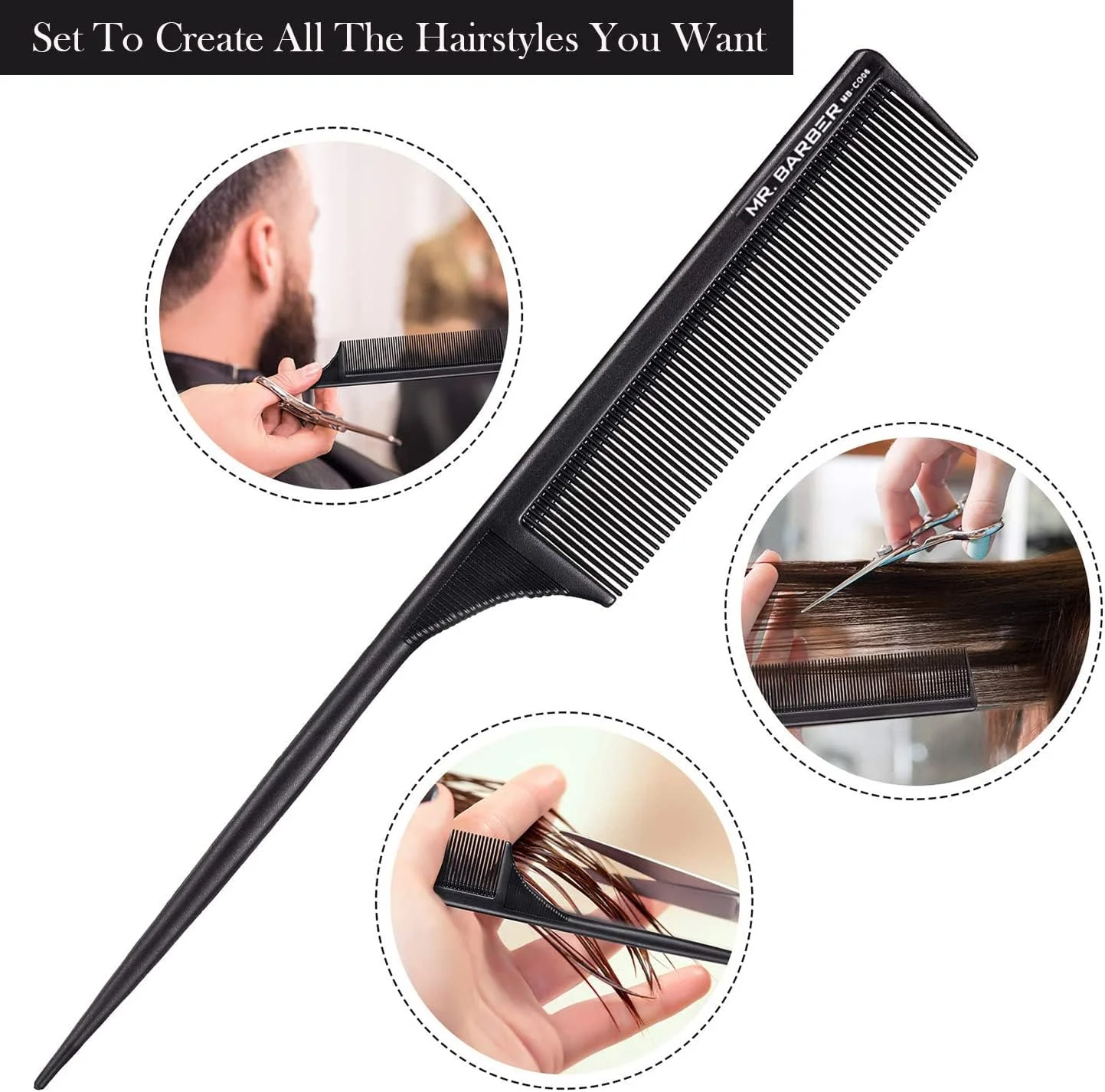 شانه دم موشی کربنی آرایشگاهی آقای باربر، ضد الکتریسیته ساکن، مقاوم در برابر حرارت، مناسب برای حالت دادن و آرایش مو