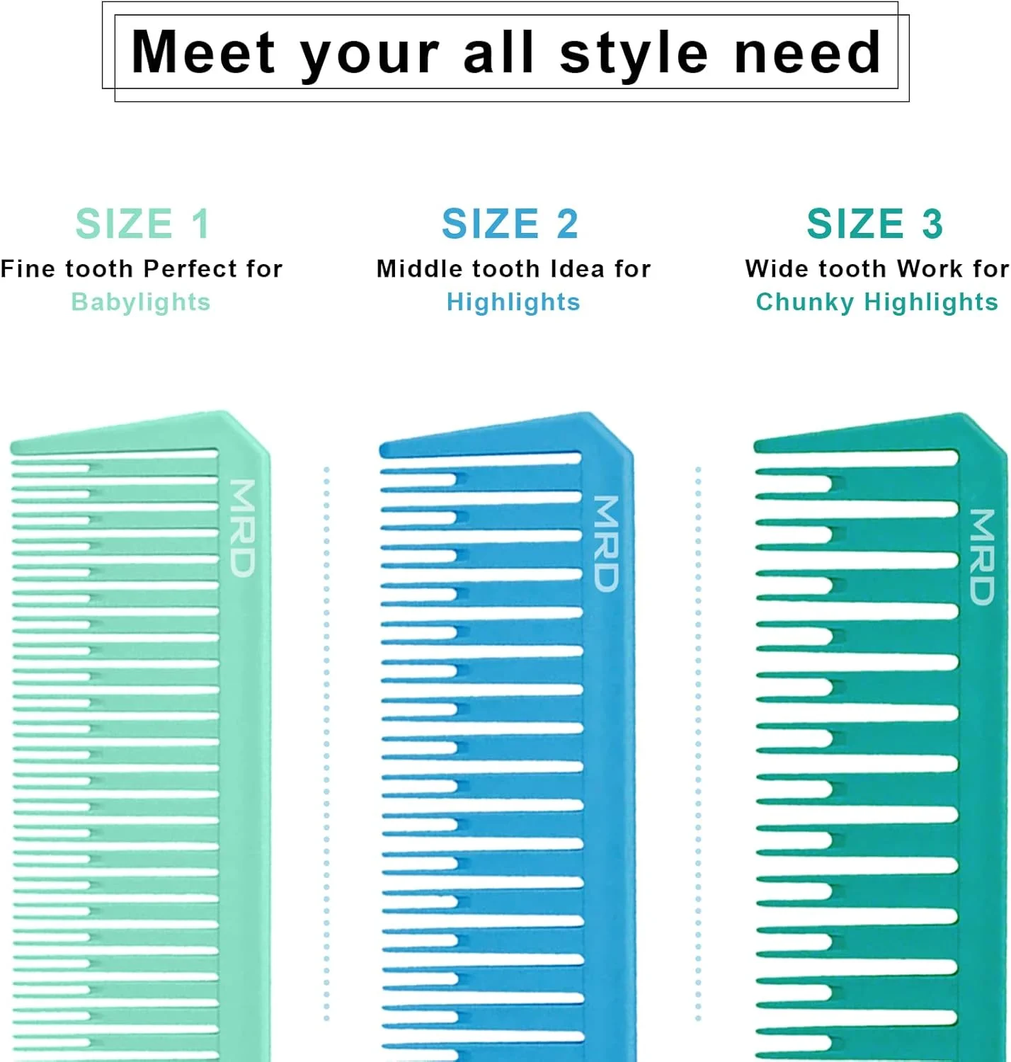 ست شانه هایلایت حرفه ای MRD در 3 سایز، با شانه دم موشی نایلونی مقاوم در برابر حرارت، مناسب برای آرایشگاه، پیرایشگاه و استفاده خانگی (آبی/سبز)