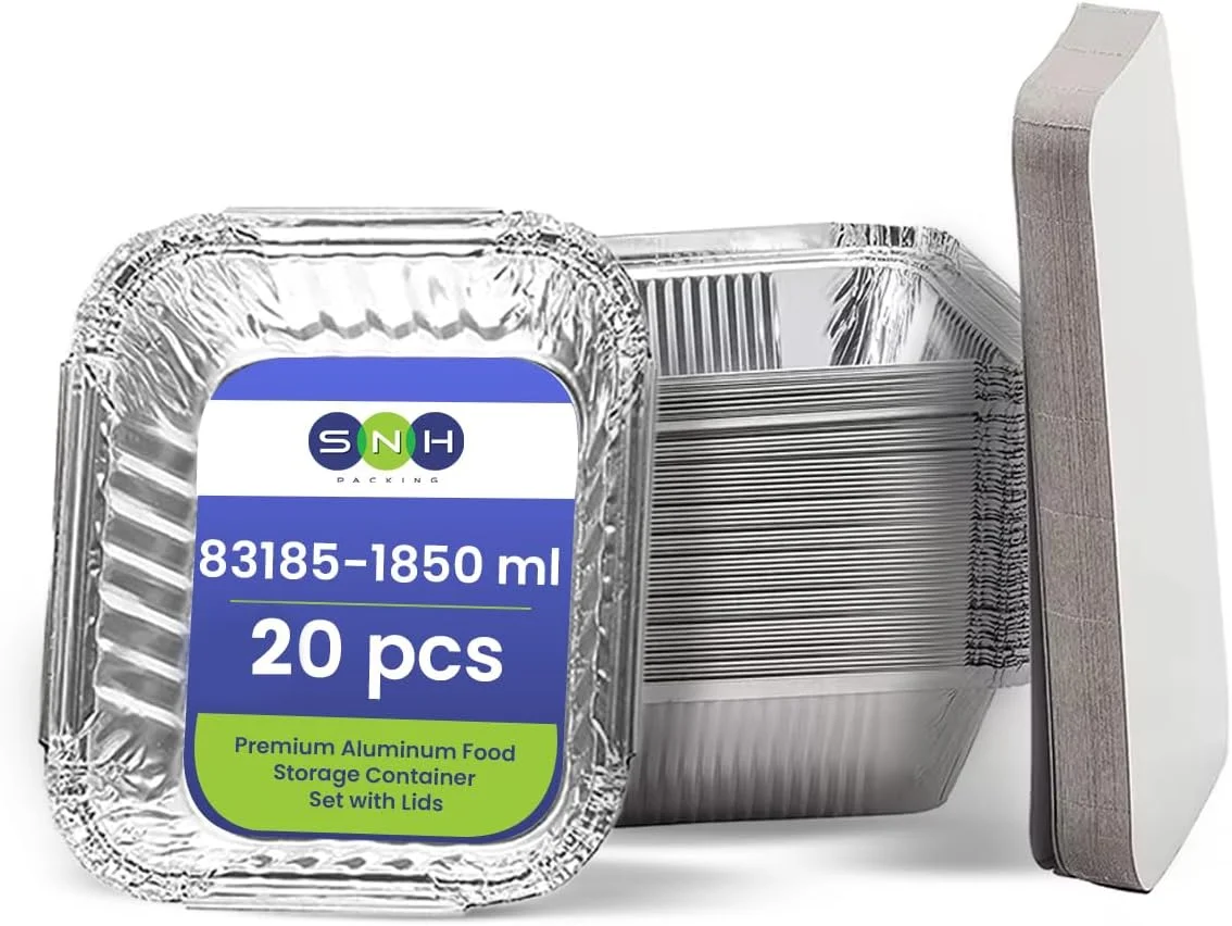 ظروف مستطیلی آلومینیومی یکبار مصرف 1850 میلی لیتری با درب، سینی های فویل آلومینیومی سنگین با درب مقوایی برای پخت و پز، کباب کردن، پخت - بسته 20 عددی.