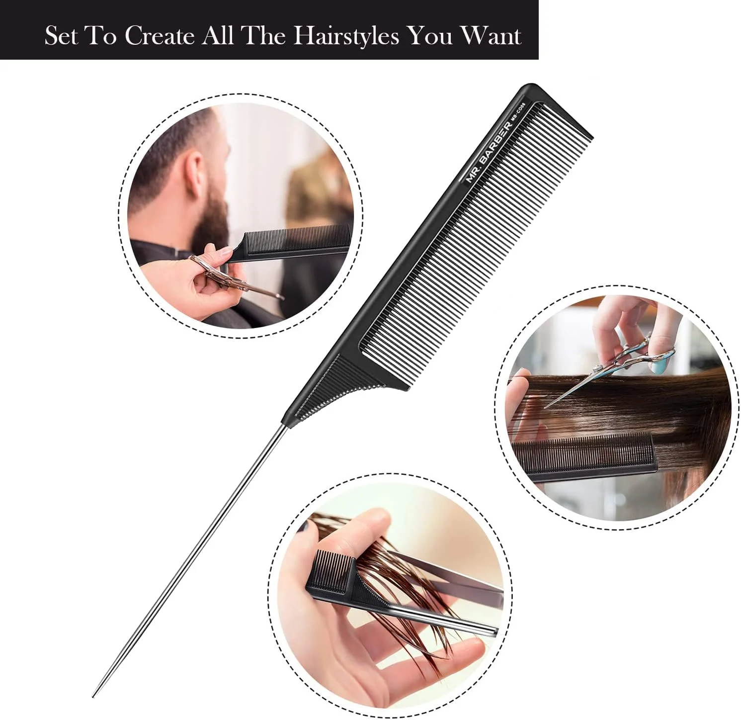 شانه دم موشی کربنی آقای باربر مدل MB، شانه پوش دهی مو، شانه دم موشی لیفتینگ مو، شانه حالت دهنده مو، فیبر کربن و پین دم استیل برای آرایشگاه (شانه کربنی MB-C007)