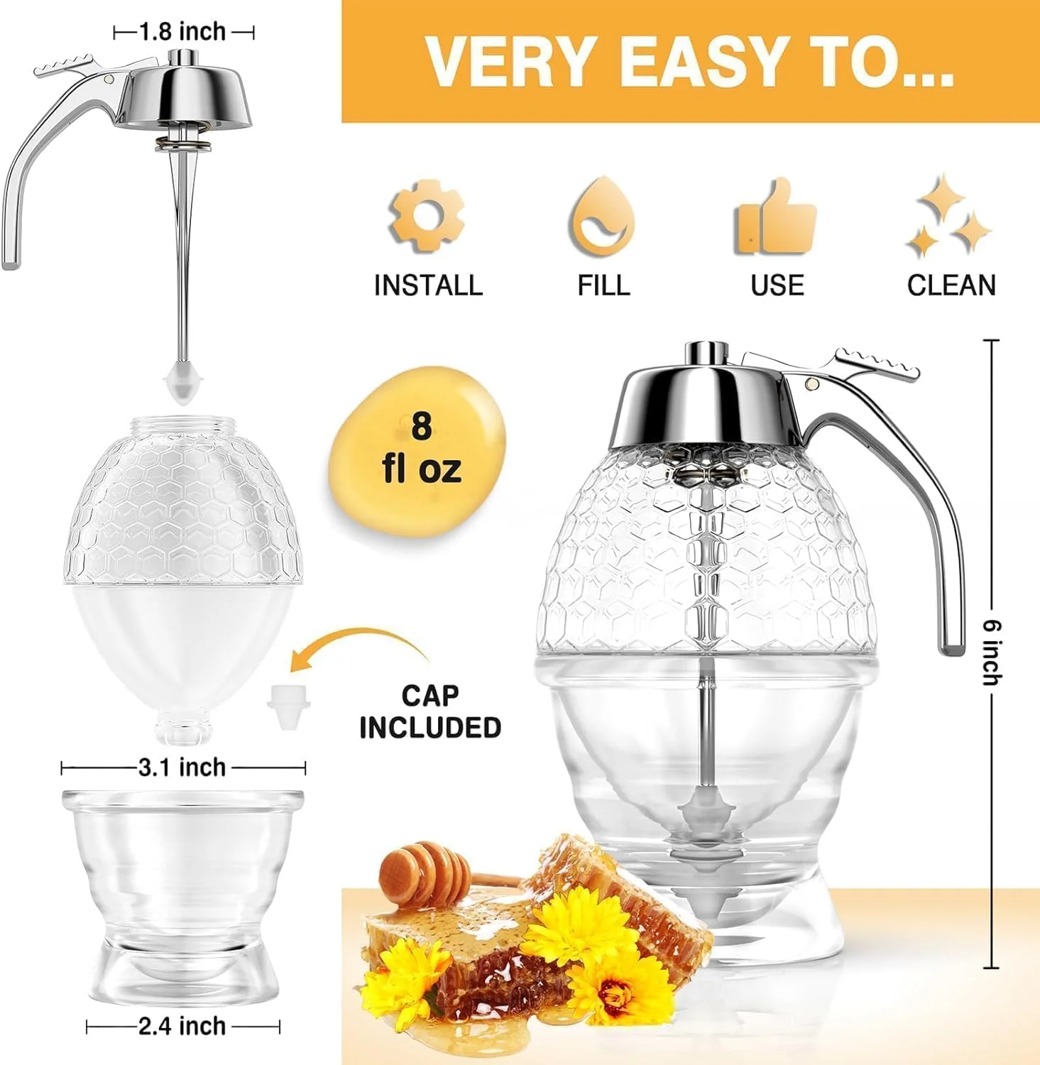 ظرف عسل شیشه ای، شفاف، 237 میلی لیتر، بدون چکه، درب تاشو، شکل نامنظم، تزئین زنبوری عالی برای آشپزخانه منزل