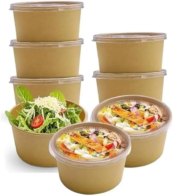 ظروف یکبار مصرف نگهداری غذا با درب، بسته 50 عددی، کاسه های کاغذی کرافت برای غذاهای گرم و سرد، ظروف سازگار با محیط زیست برای رستوران، دفتر، ناهار مدرسه، پذیرایی، پیک نیک، مهمانی ها