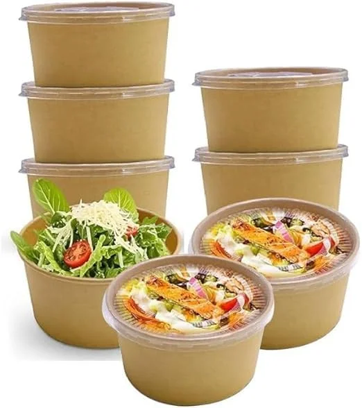 ظروف یکبار مصرف نگهداری غذا با درب، بسته 50 عددی، کاسه های کاغذی کرافت برای غذاهای گرم و سرد، ظروف سازگار با محیط زیست برای رستوران، دفتر، ناهار مدرسه، پذیرایی، پیک نیک، مهمانی ها