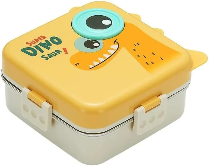 ظرف غذای دو لایه طرح دایناسور با سه محفظه، ظرف ناهار استیل عایق حرارتی برای کودکان (زرد)