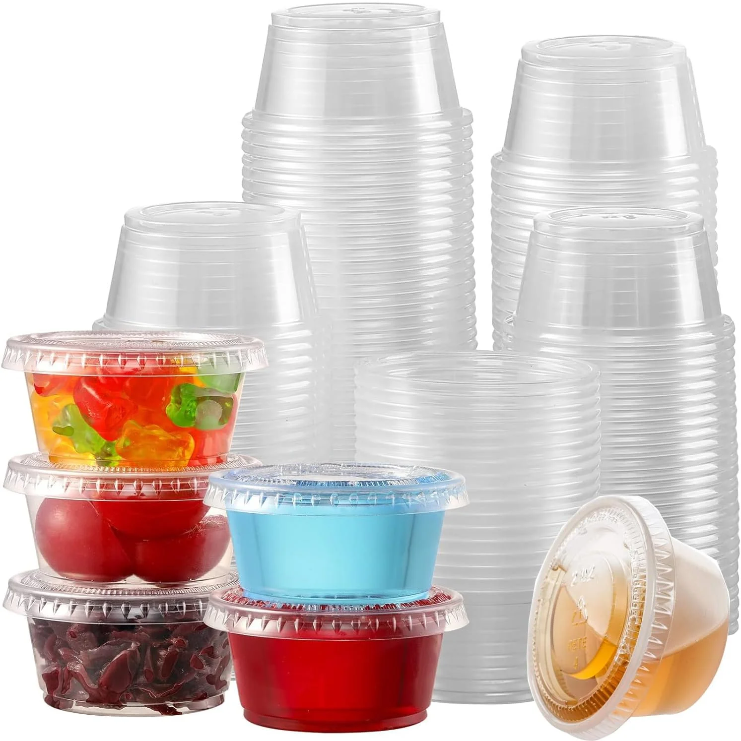100 عدد ظرف سس یکبار مصرف پلاستیکی 2 اونسی به همراه درب، ظرف سس سالاد، فنجان سس، فنجان چاشنی، ظروف چاشنی دربسته و قابل چیدن برای مهمانی و تعطیلات
