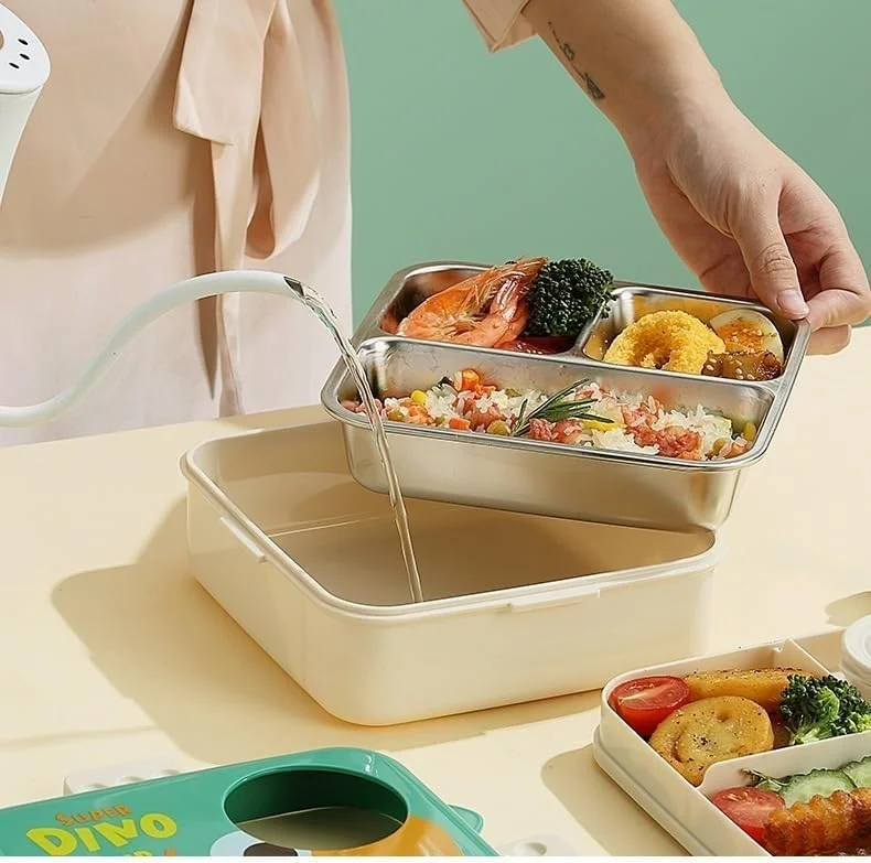 ظرف غذای دو لایه طرح دایناسور با سه محفظه، ظرف ناهار استیل عایق حرارتی برای کودکان (زرد)