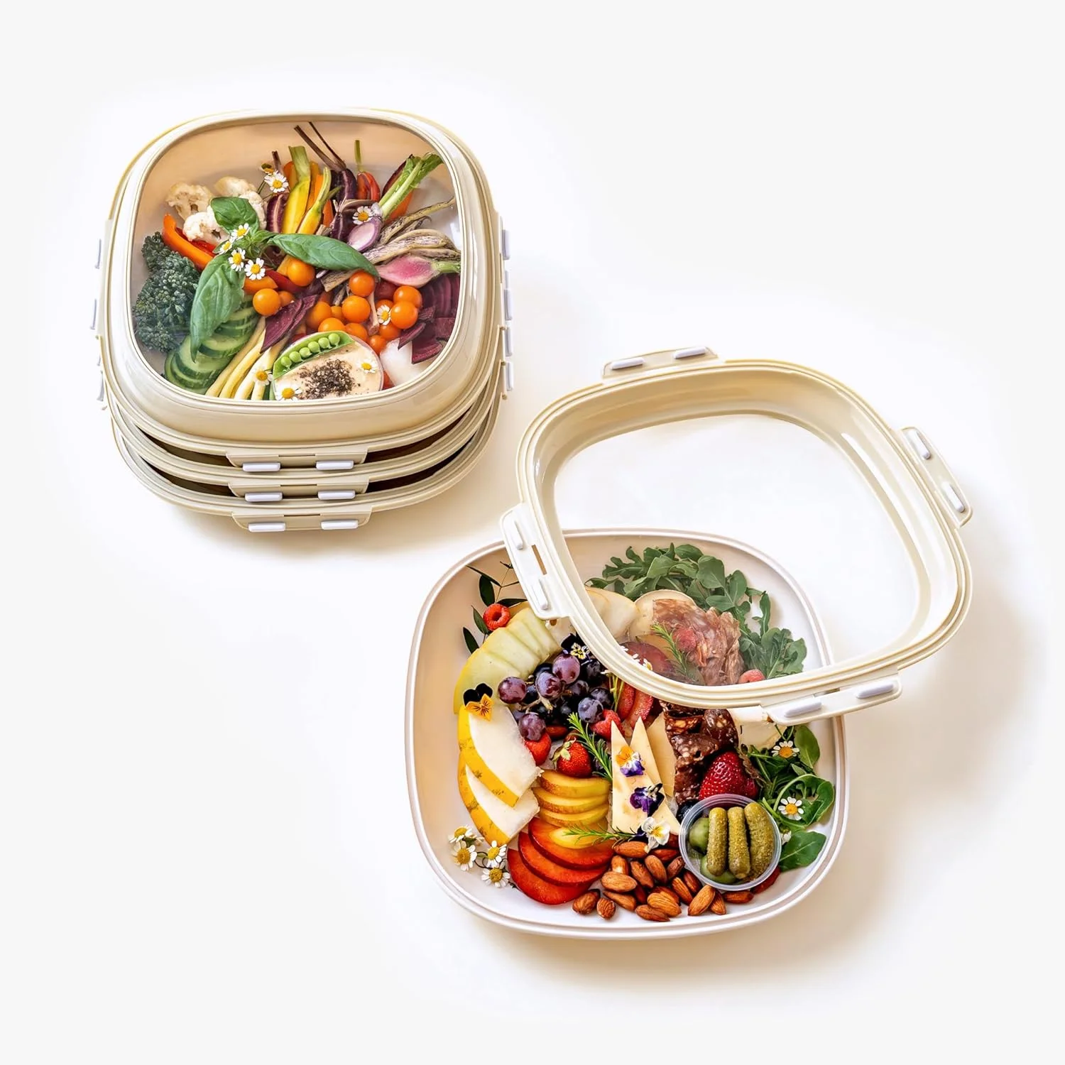 ظرف اسنک قابل حمل 4 عددی Crudités | ظروف غذا با درب کشسان برگشت پذیر | بدون BPA، قابل استفاده مجدد، قابل استفاده در فریزر و ماشین ظرفشویی | مناسب برای آماده سازی غذا، شارکوتری، سالاد، پیک نیک، مسافرت