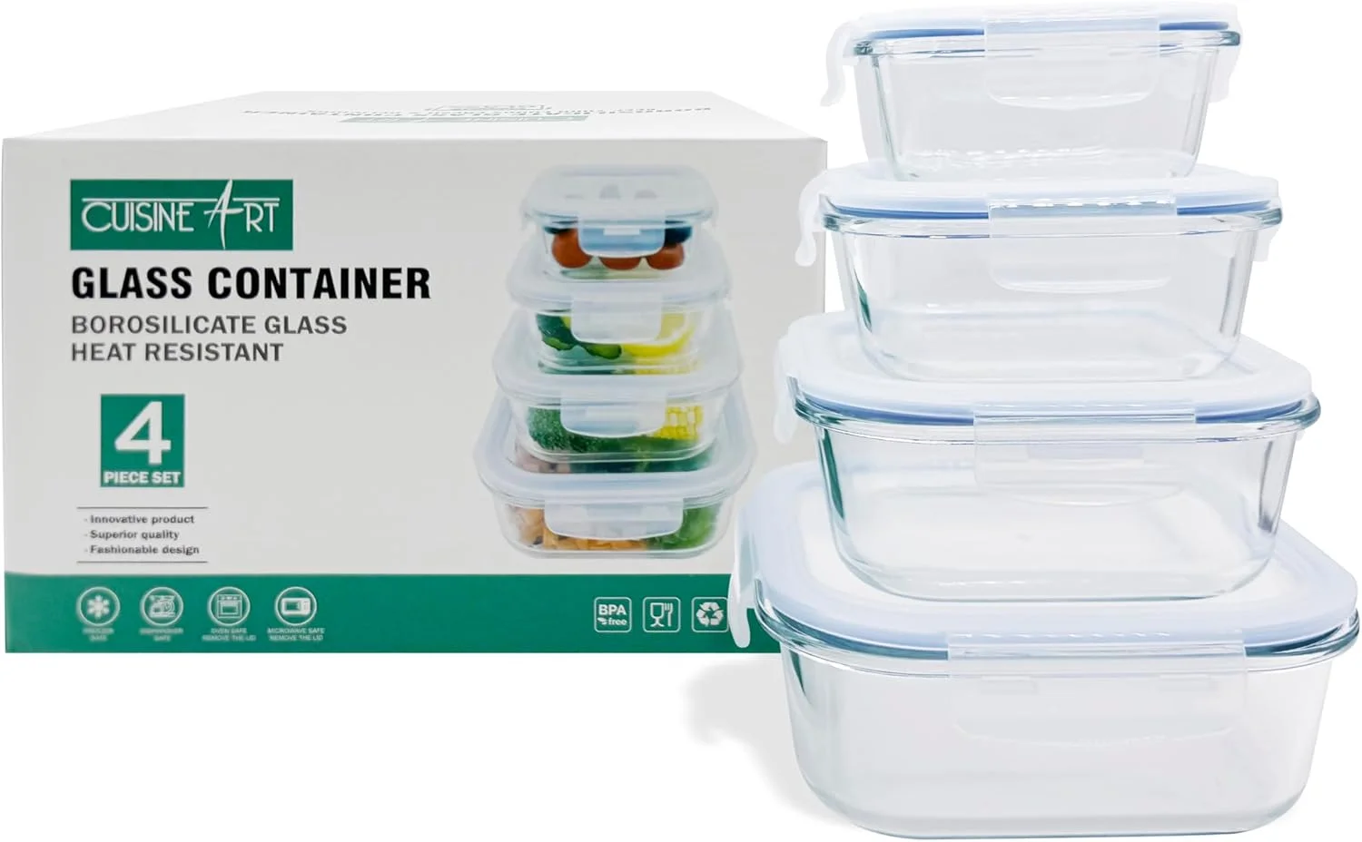 ست ظروف نگهدارنده غذا مربع شیشه بوروسیلیکات بالا Cuisine Art Jura با درب PP، 4 تکه (300، 500، 800، 1200 میلی لیتر)