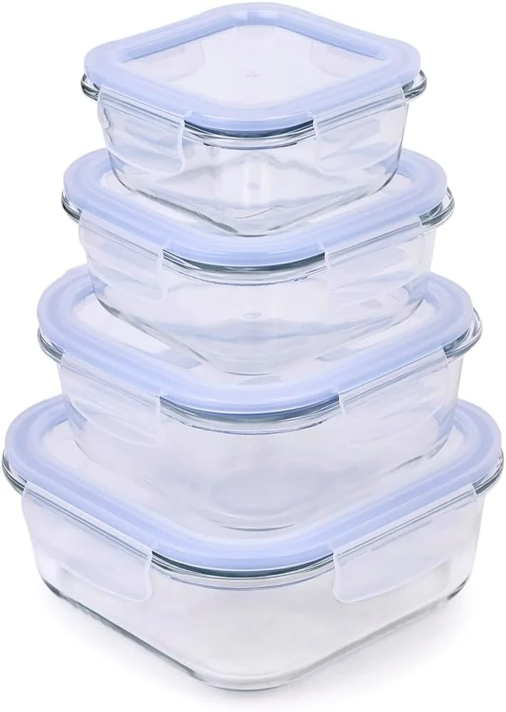 ست ظروف نگهدارنده غذا مربع شیشه بوروسیلیکات بالا Cuisine Art Jura با درب PP، 4 تکه (300، 500، 800، 1200 میلی لیتر)