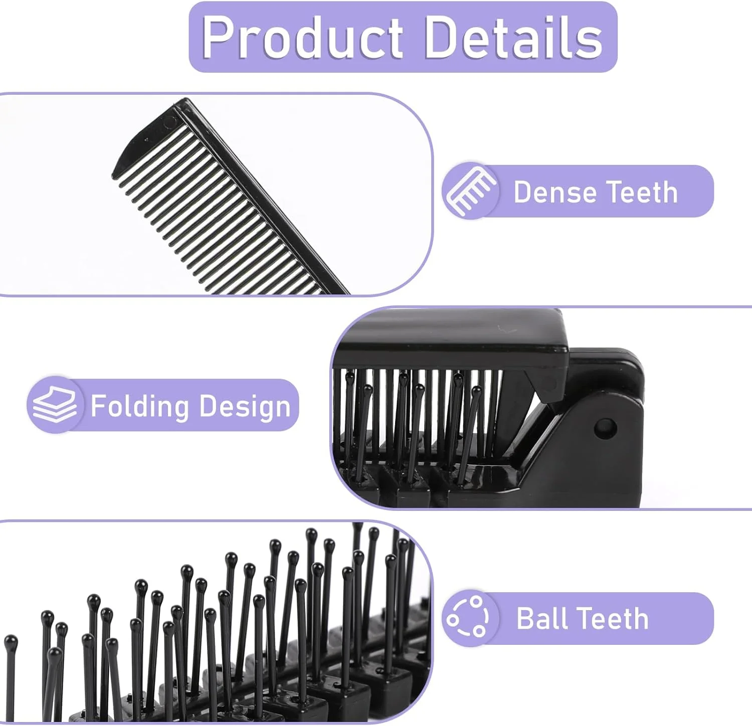 MNODWLOF یک عدد برس تاشو مسافرتی، شانه موی مینی جیبی ضد الکتریسیته ساکن، برس موی دو سر قابل حمل، برس سر ماساژ تاشو پلاستیکی برای مردان و زنان (مشکی)