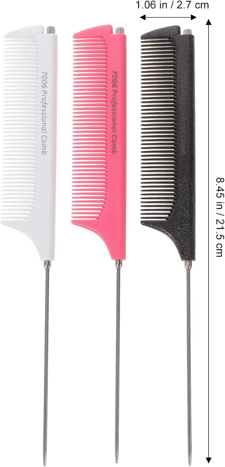 Minkissy 3 عدد شانه دم موشی، شانه دم موشی سوزنی فولادی، شانه پوش دهنده مقاوم در برابر حرارت فیبر کربن، شانه دم باریک جمع شونده برای آرایشگر سالن، سفید، مشکی، قرمز