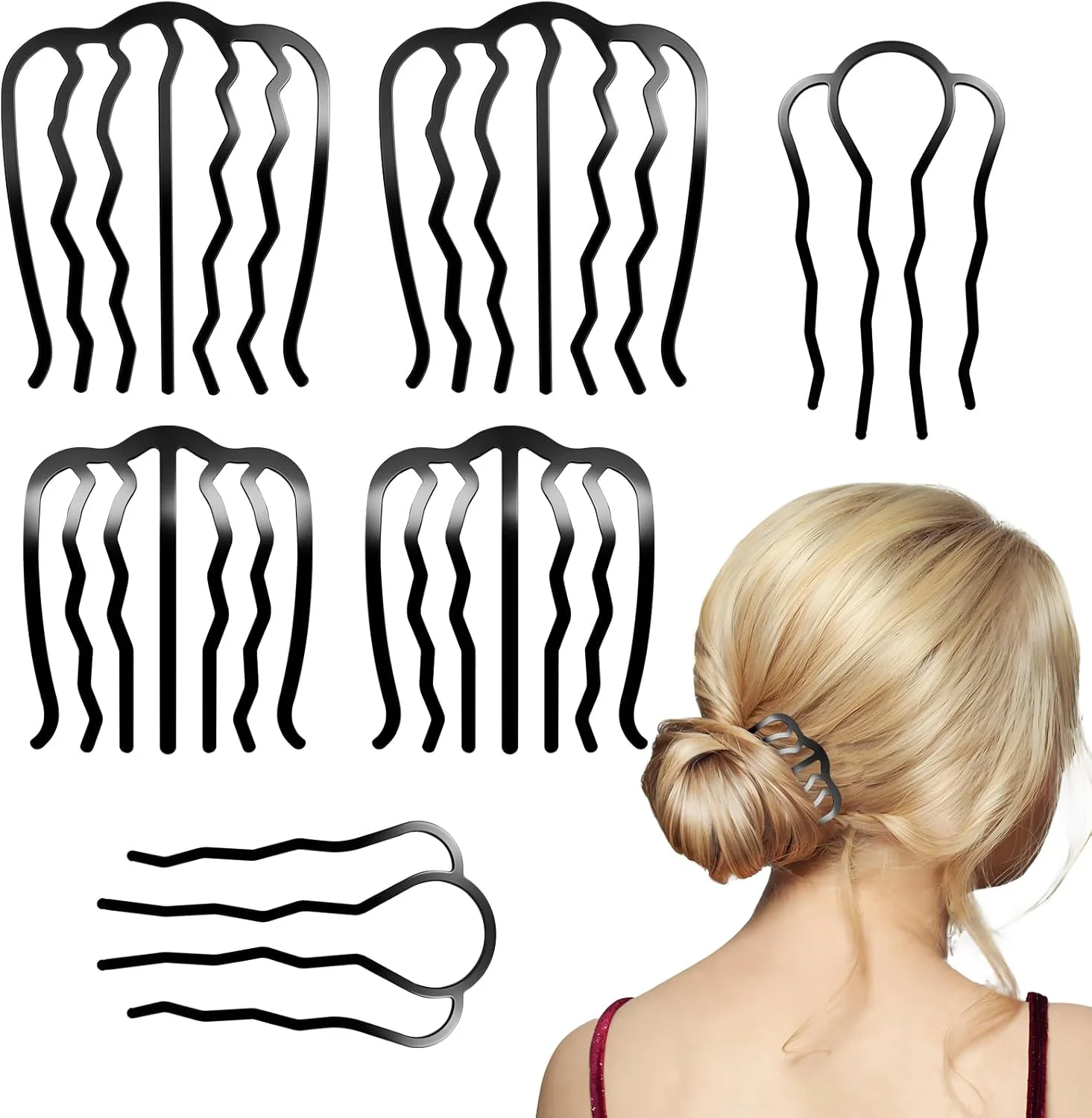 ست شانه موی فلزی، گیره چنگالی مو، شانه موی U شکل برای مدل موهای گوجه ای، ابزار حالت دهی موی زنانه (6 عدد مشکی)
