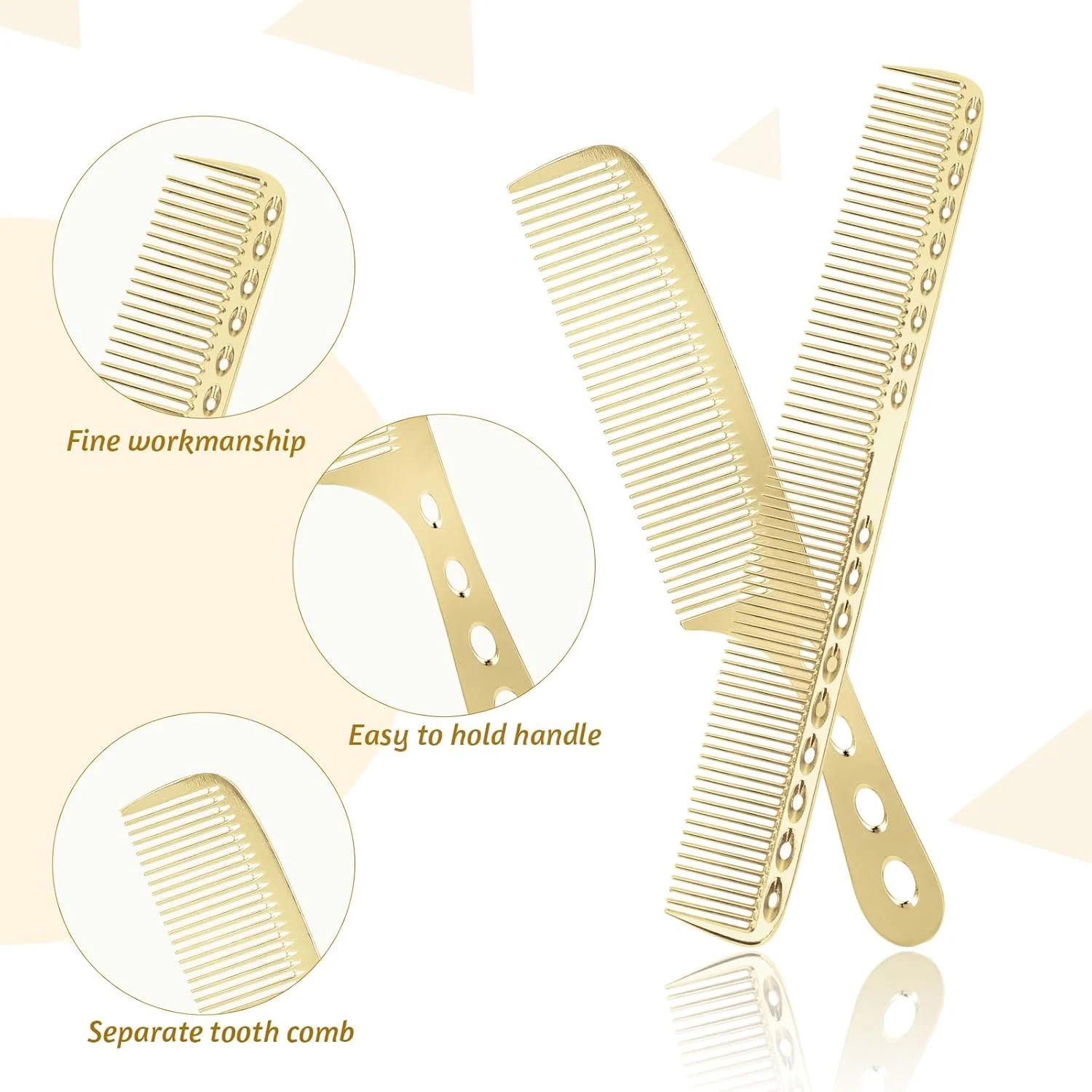 شانه مو فلزی، 2 عدد شانه آلومینیومی تخت فضایی دو طرفه، ضد الکتریسیته ساکن، مقاوم در برابر حرارت، حرفه ای، دندانه ریز، ابزار تقسیم مو برای آرایشگران، مناسب برای همه مدل ها (طلایی)