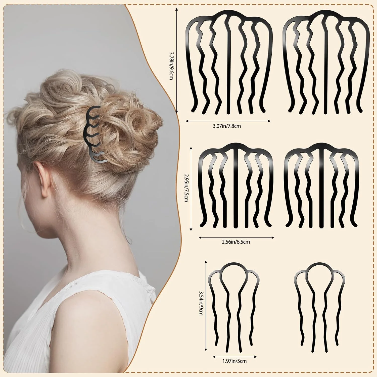 ست شانه موی فلزی، گیره چنگالی مو، شانه موی U شکل برای مدل موهای گوجه ای، ابزار حالت دهی موی زنانه (6 عدد مشکی)
