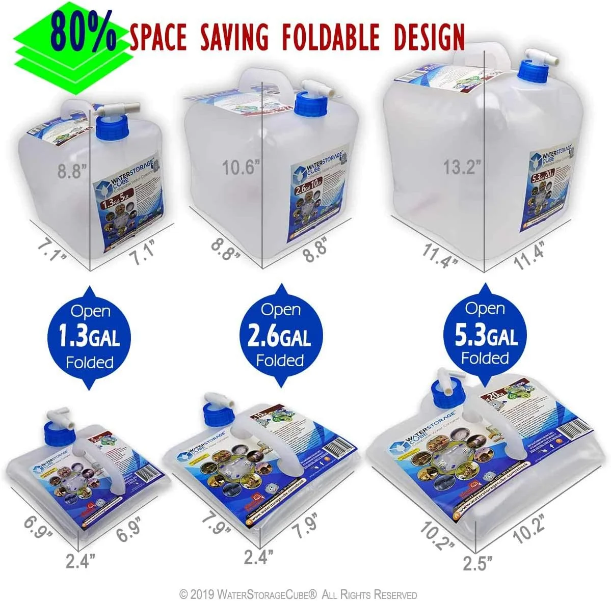 ظرف تاشو نگهداری آب WaterStorageCube بدون BPA با شیر، قمقمه حمل آب مناسب کمپینگ با گرید غذایی برای فضای باز، پیاده روی، مواقع اضطراری طوفان، کانتینر آب تاشو قابل حمل (20 لیتر)