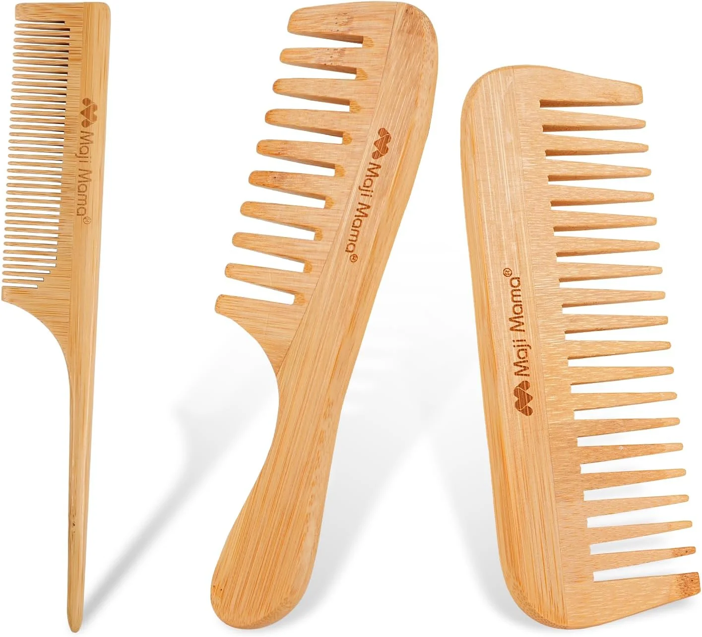 ست شانه بامبو طبیعی ماجی ماما، ضد الکتریسیته ساکن، دندانه ریز و درشت، برس چوبی برای باز کردن گره مو، حالت دادن به موهای ضخیم، نازک و صاف، برای آقایان و بانوان، شانه دم موشی برای حجم دادن و حالت دادن به مو، 3 تکه