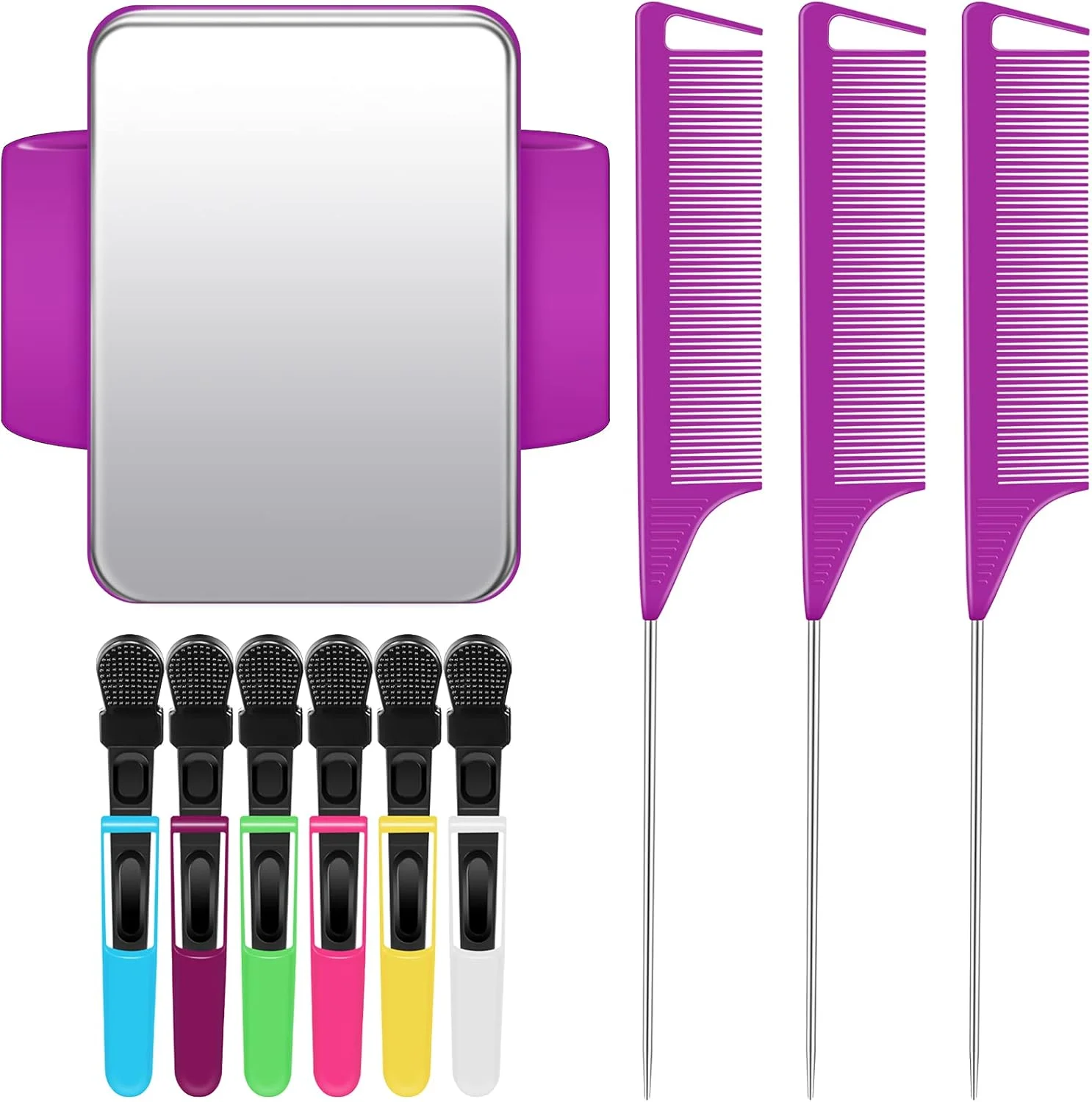 مچ بند مغناطیسی برای آرایشگر مو، نگهدارنده سنجاق مچی، مچ بند بافنده مو، بالشتک سوزن دوزی سیلیکونی ژله ای با 3 عدد شانه دم باریک و 6 عدد گیره پلاستیکی (بند مچی بنفش)