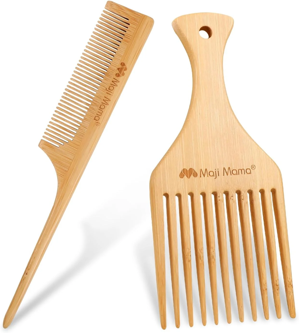 شانه چوبی دندانه پهن و باریک بامبو طبیعی ماجی ماما، مناسب موهای فر، مجعد، ضخیم و نازک، به همراه شانه دم موشی برای حالت دادن به موها، 2 عدد، مناسب آقایان و بانوان
