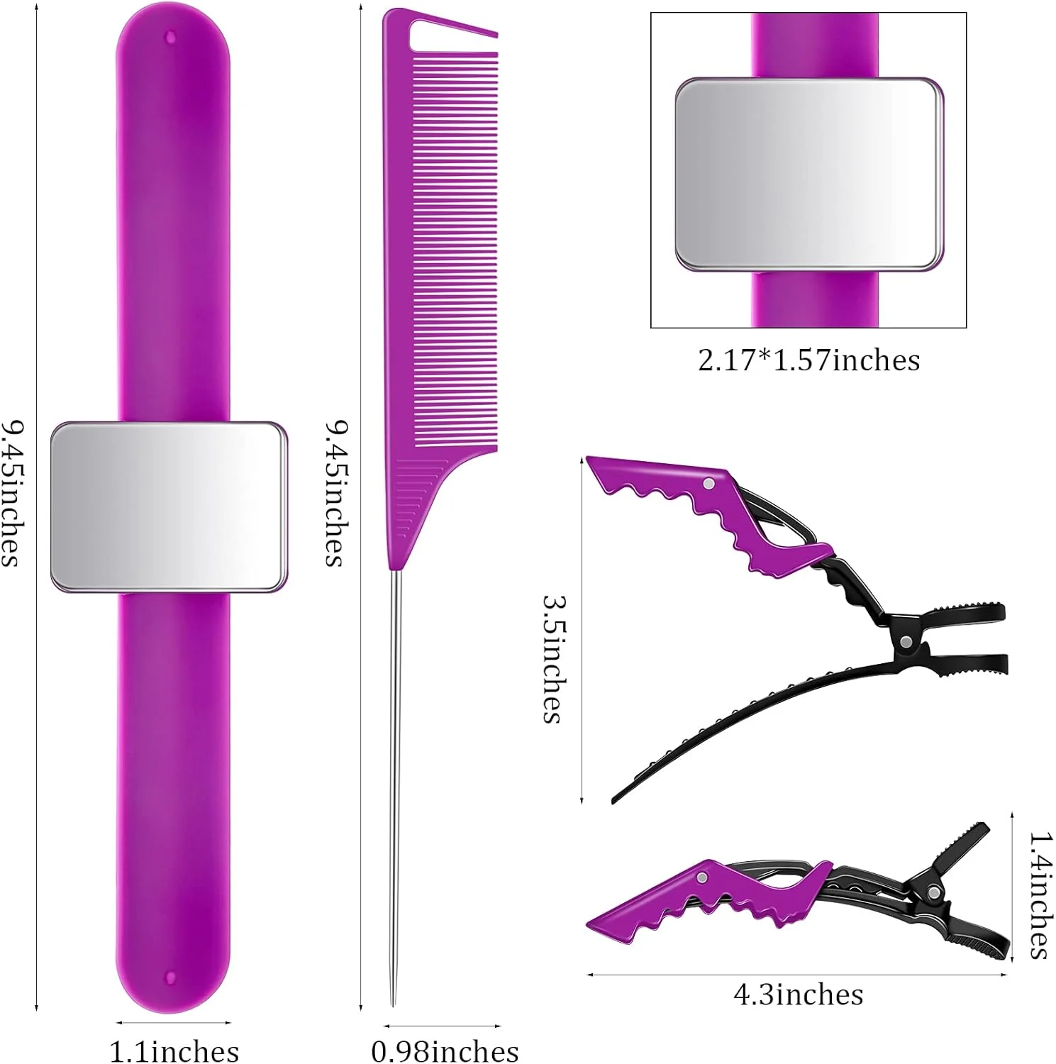 مچ بند مغناطیسی برای آرایشگر مو، نگهدارنده سنجاق مچی، مچ بند بافنده مو، بالشتک سوزن دوزی سیلیکونی ژله ای با 3 عدد شانه دم باریک و 6 عدد گیره پلاستیکی (بند مچی بنفش)